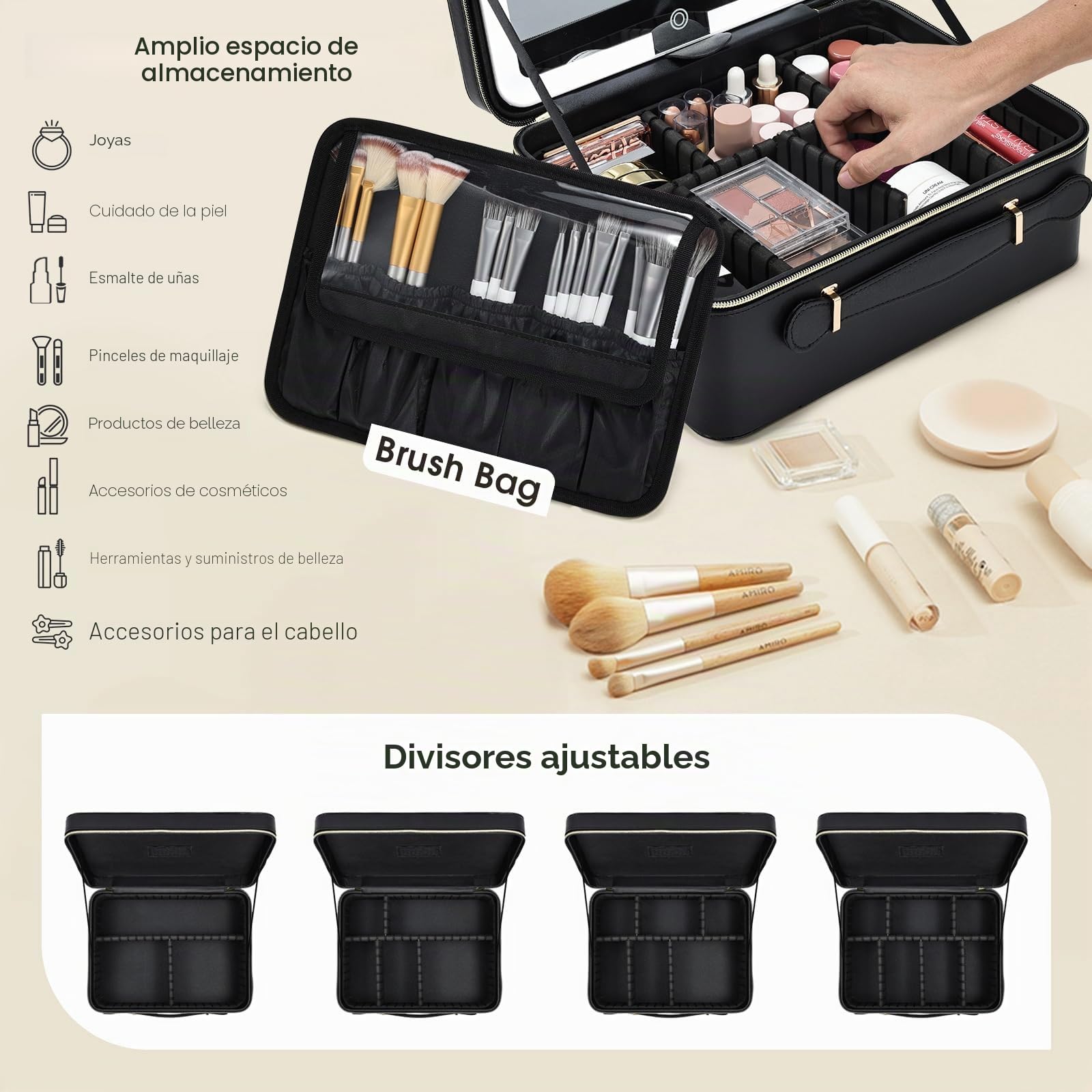 Maletin Maquillaje con LED Grande Maletín Organizador Maquillaje portátil de Cuero PU Estuche Maquillaje con Espejo extraíble Neceser Maquillaje con Soporte para brochas de Maquillaje, Negro