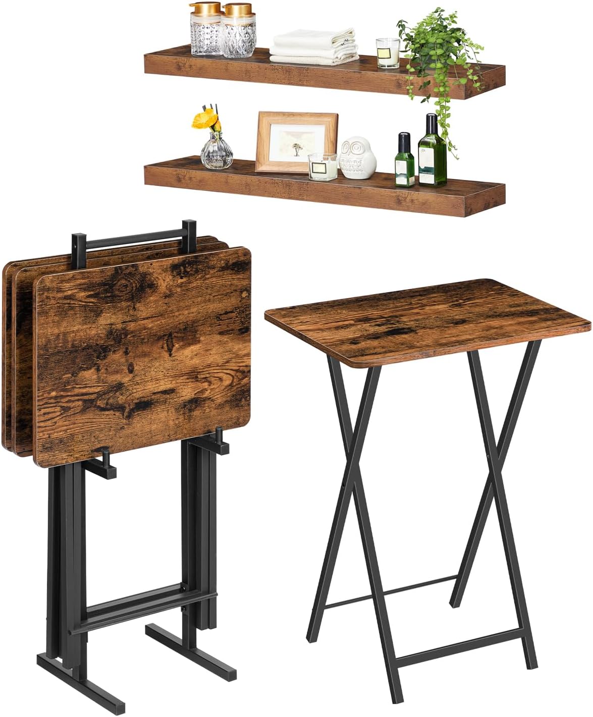 HOOBRO Folding TV Tray Table and 31.5 Inch Floating Shelves, TV Trays for Eating Set of 4 with Stand, Wall Shelf Set of 2, BF20BZP401-BF80BJP201