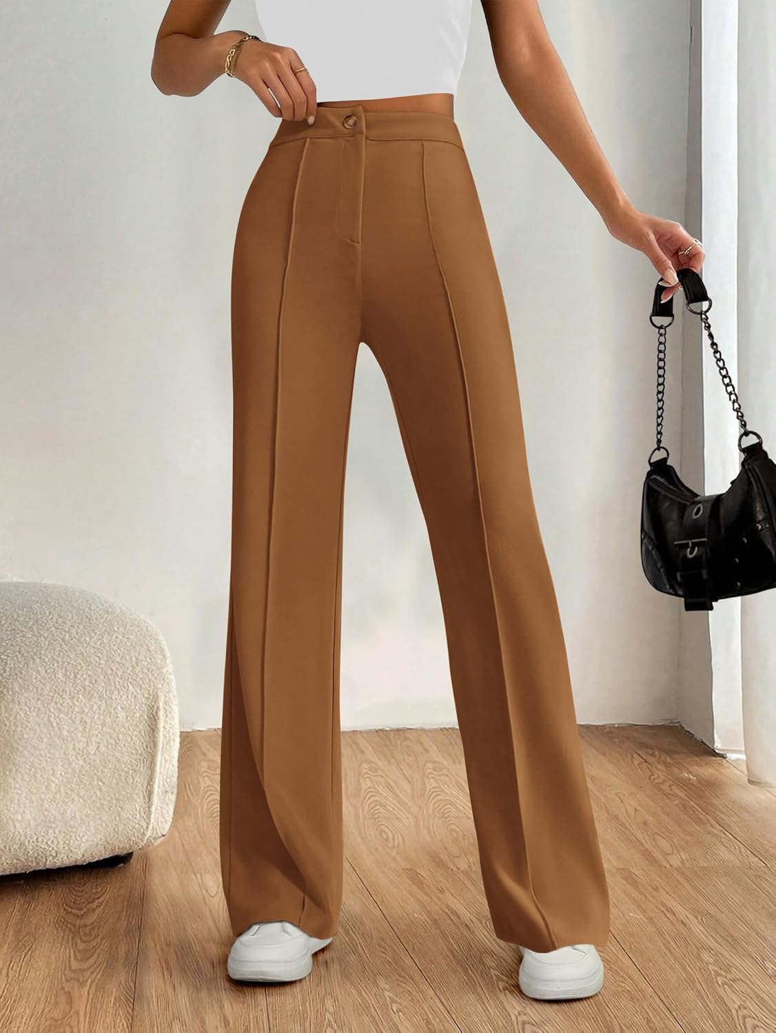 PRETTYGARDEN Straight Leg Pants Stretchy Button Business Casual Work Trousers Knit Elastic Waist Slacks - Image 3
