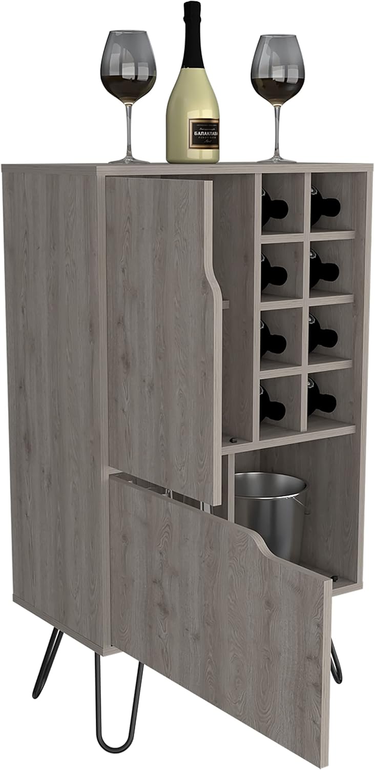 DEPOT E-SHOP Zamna L Bar Single Door Cabinet, 8 Built-in Wine Rack, 4 Legs, Light Gray
