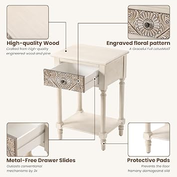 COSIEST 2 Pieces Vintage Nightstand, MDF 2-Tier Bedside Table, Wood Accent End Table with Storage Drawer and Open Display Shelf for Bedroom Living Room