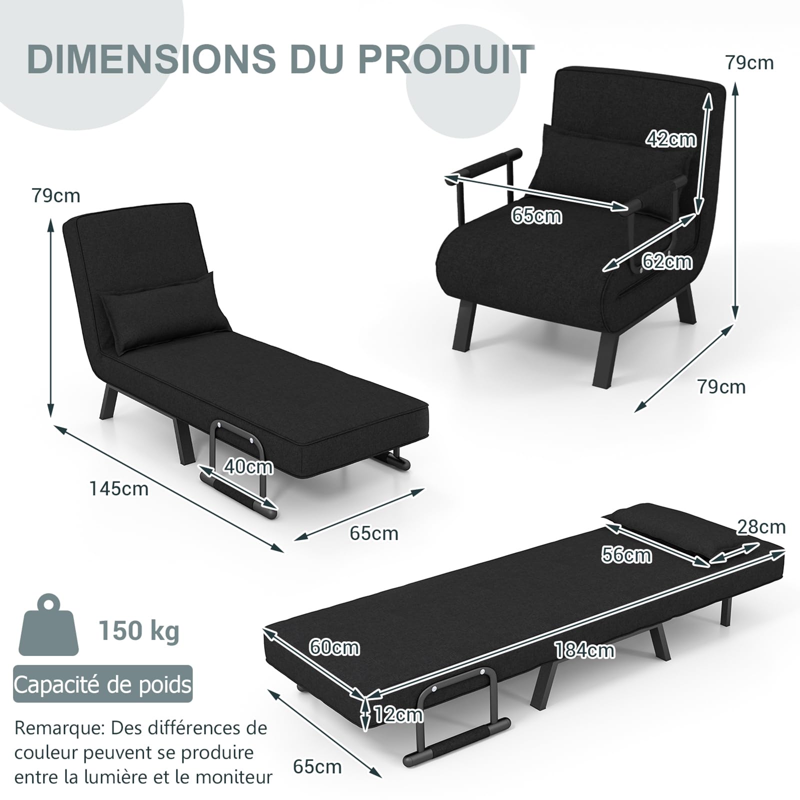 RELAX4LIFE Fauteuil Convertible, Canapé-Lit Pliable avec Coussin, 2 Accoudoir et Dossier Réglable à 5 Positions, Housse Déhoussable pour Bureau, Salon, Balcon (Noir)