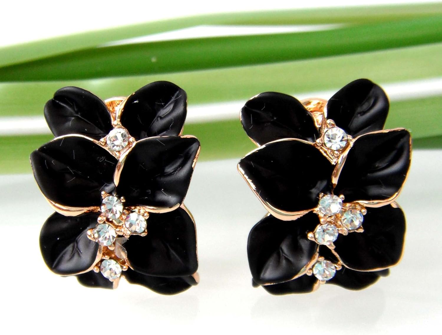 Navachi 18k Gold Plated White Crystal colorful Enamel Leaves Flower Omega Back Earrings - Image 4