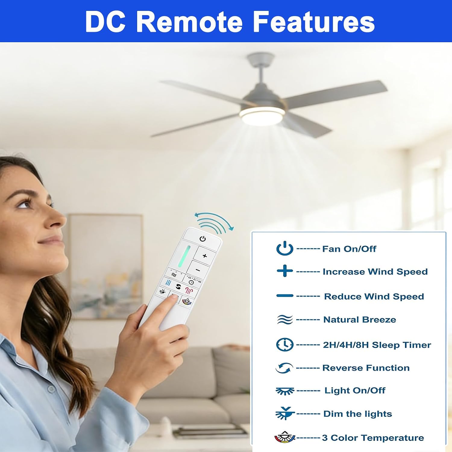 UC7225T Fan Remote Control Replacement Home Decorators Collection Kensgrove & Altura DC Ceiling Fans, 9-Speed Light Dimmer and Color-Changing for CHQ7225T,TR198A, KUJCE10308, 2AQZU-18012(Remote-White)