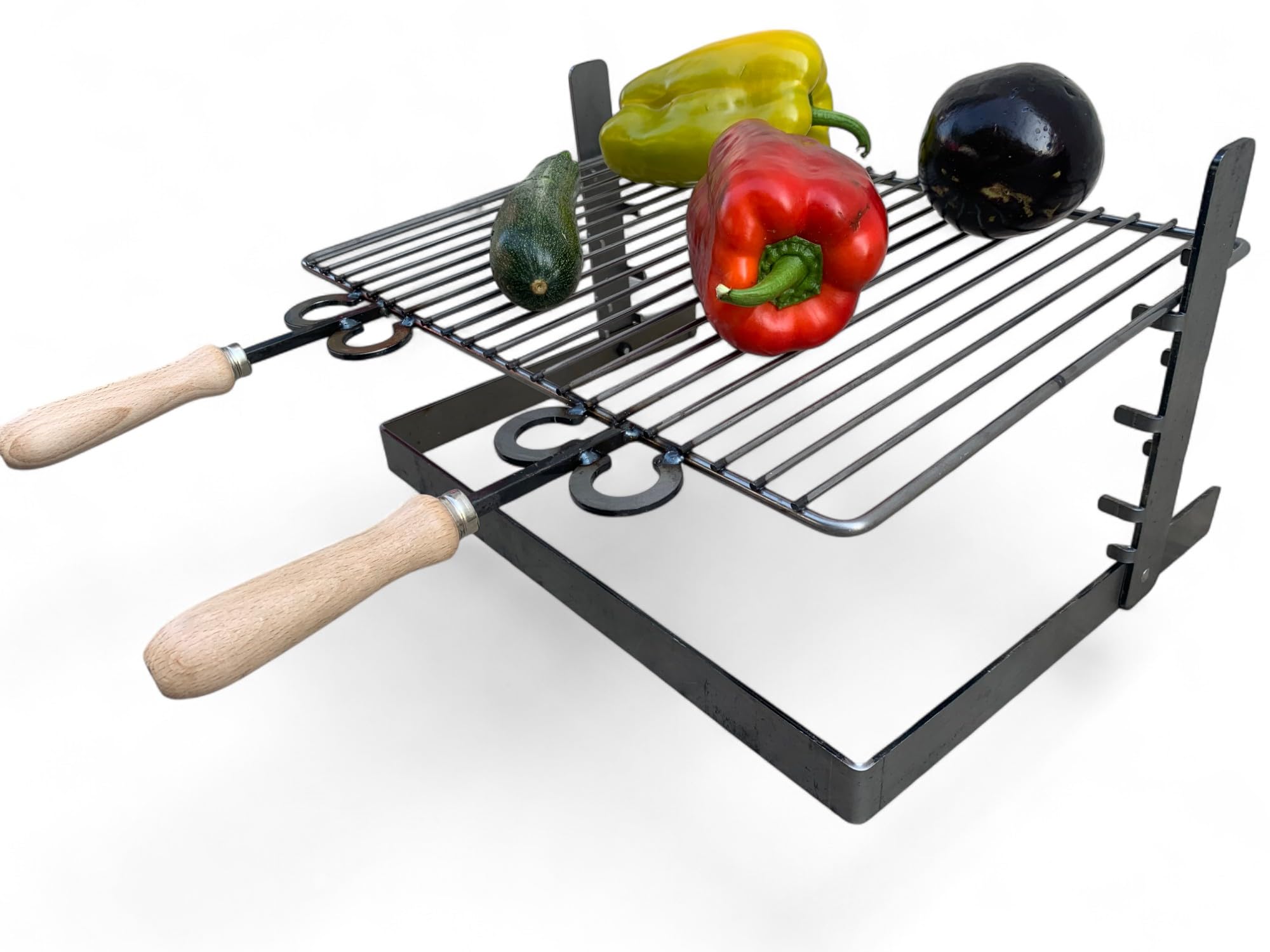 Griglia in ferro regolabile su più altezze, bistecchiera con manici in legno, per barbecue e camino per carne pesce verdure (50x36 cm)