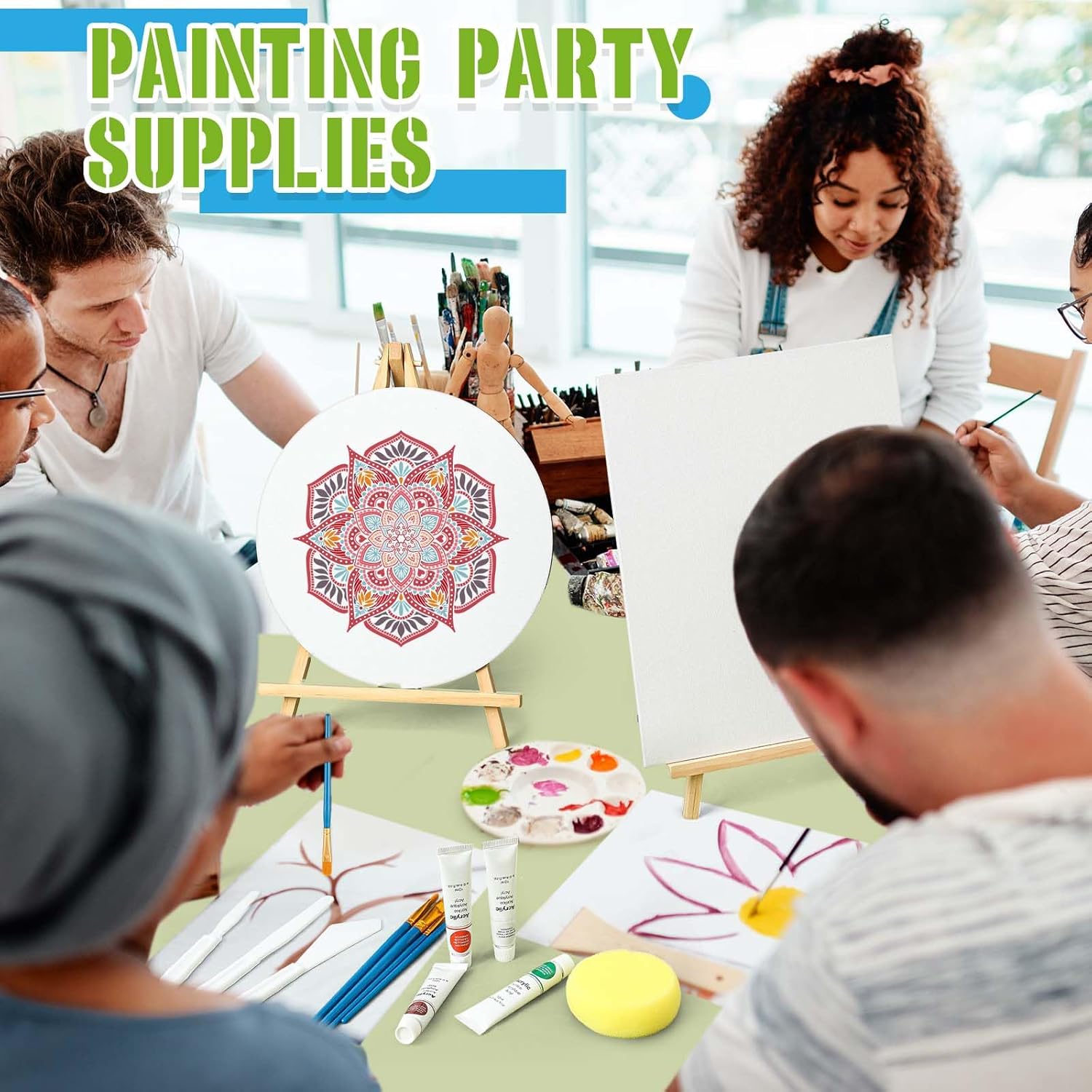Tenceur 6 Pack 8" x 10" & 8" x 8" Acrylic Paint Canvas Brushes Set for Painting, Paint and Sip Kit for Adults with Canvas Easels, Painting Supplies Kit for Adults Couples Beginners Party Date Night