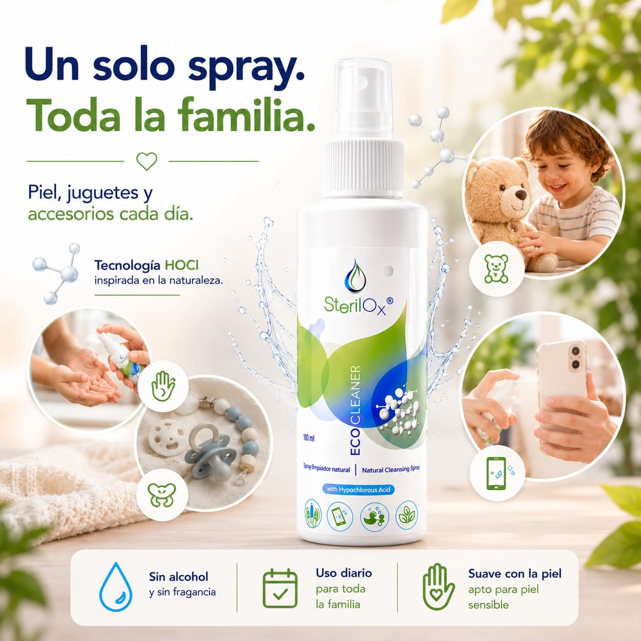 Spray Natural para la Piel y Accesorios – Con Ácido Hipocloroso (HOCl) – Sin Alcohol ni Perfume – Suave y Seguro para Bebés, Niños y Piel Sensible – 100 ml
