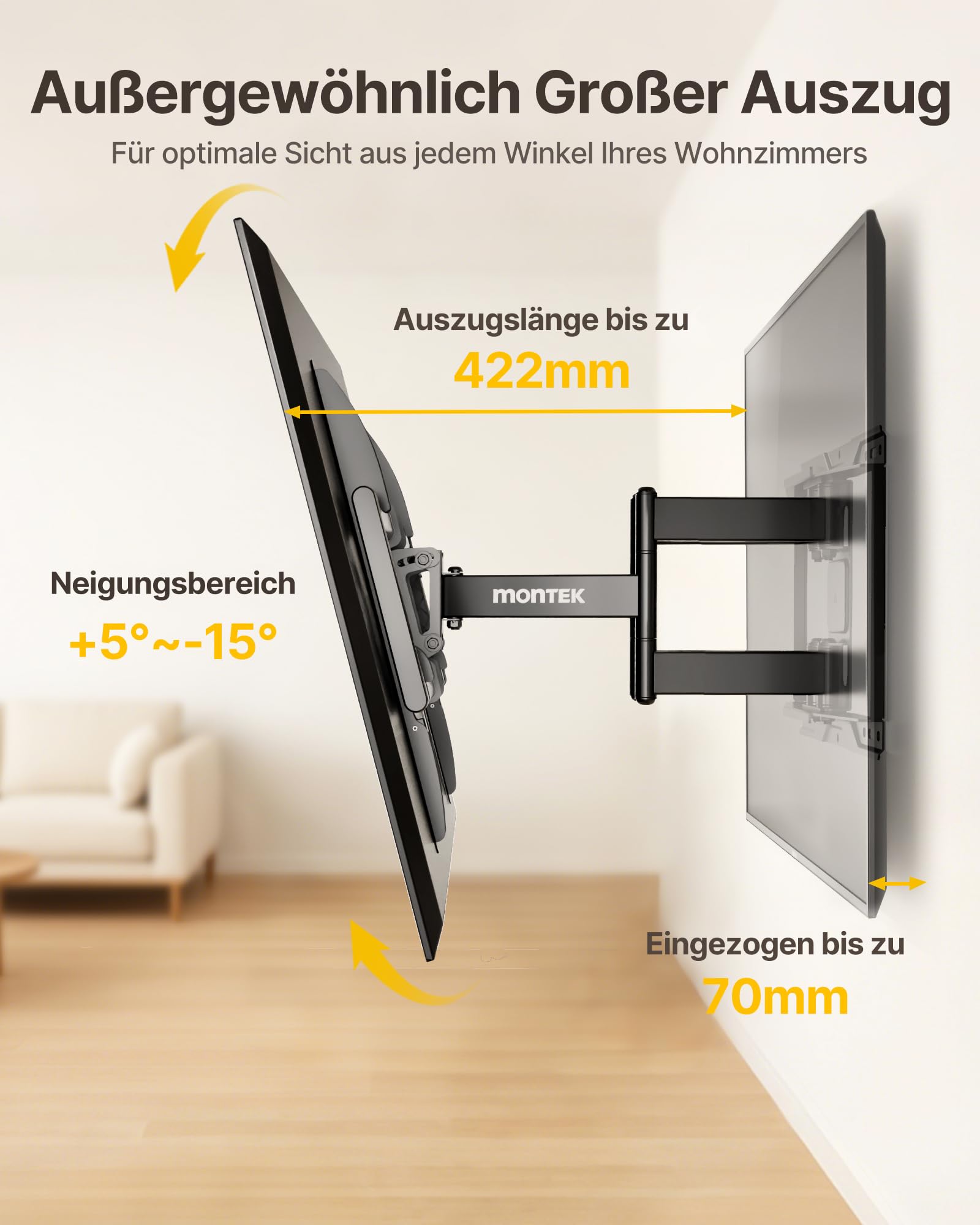 monTEK Vollbewegliche TV Wandhalterung für 37–90 Zoll Fernseher bis 75 kg | Werkzeuglose Neigung, Schwenkbar Wandhalterung Fernseher mit Doppelten Gelenkarmen, Ausziehbar, Stabile, Max. VESA 600x400 mm