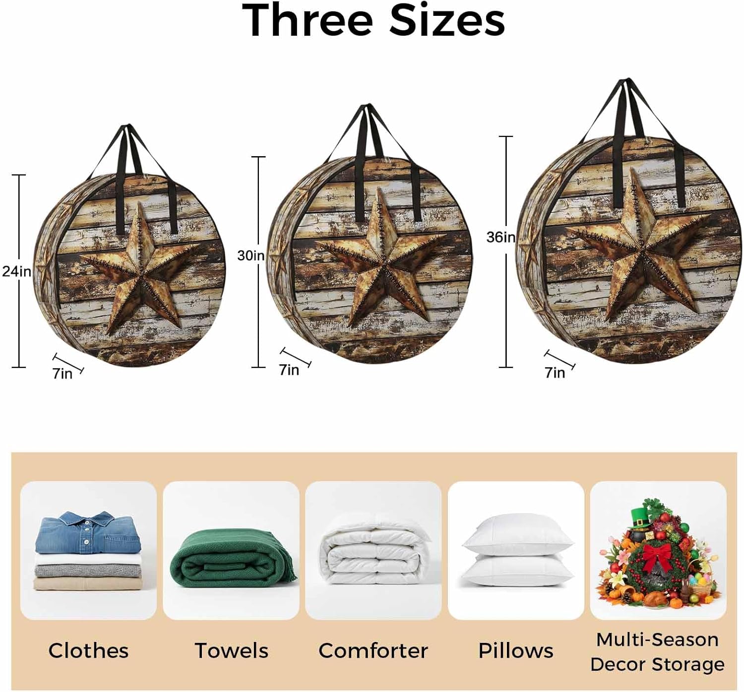 Retro Star Round Storage Bag 36 Inch, Country Texas Stars Worn-out Weathered Wood Clothes Storage Container with Handles Heavy Duty Organizer for Comforter, Bedding & Holiday Wreaths