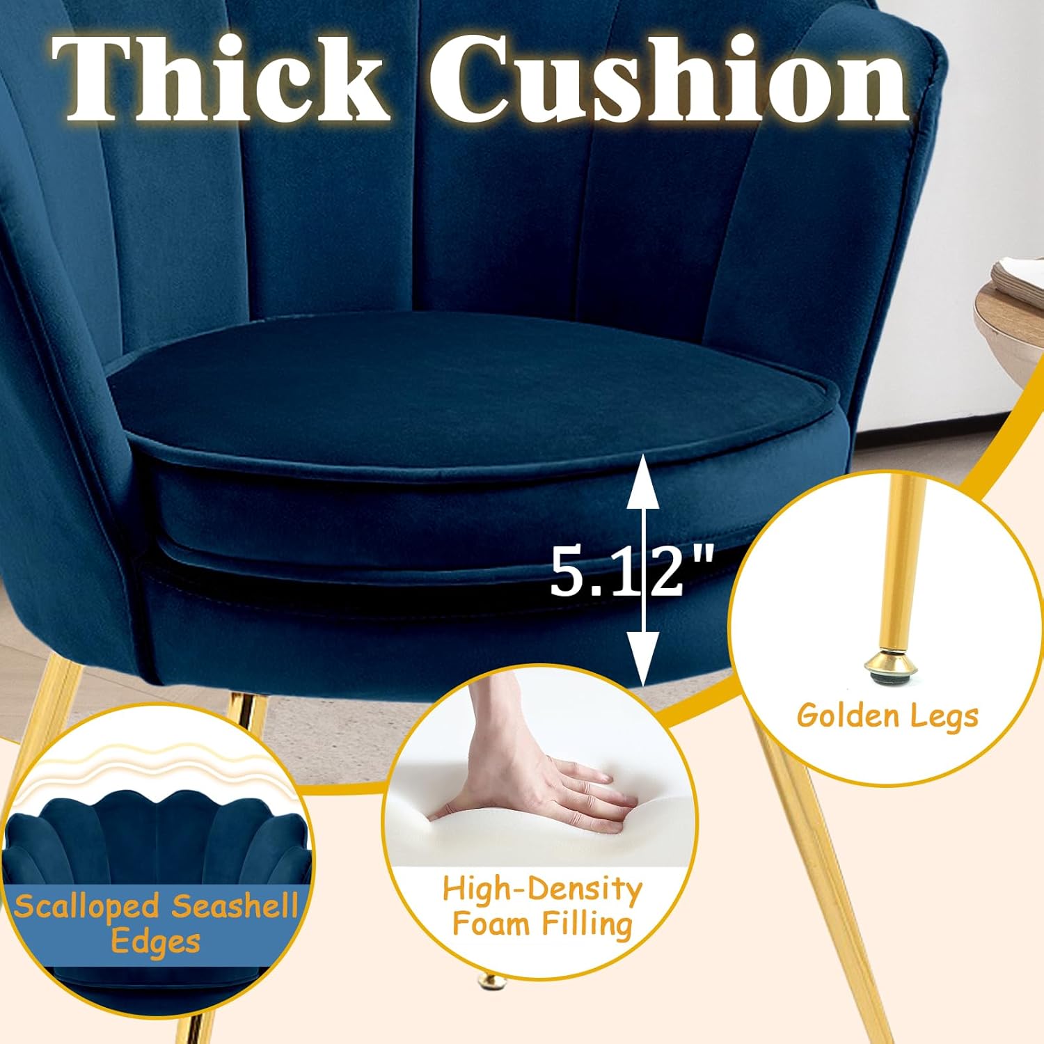 Czlolo Accent Chairs Set of 2 for Living Room, Velvet Upholstered Makeup Room Vanity Chair with Back, Golden Metal Legs Small Accent Side Chair for Bedroom, Cloud Chair Set, 2 Pcs Dark Blue