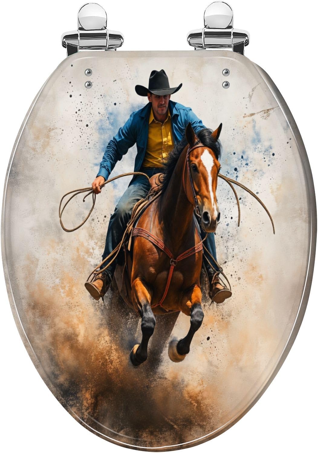 Elongated Toilet Seat Cowboy Western Galloping Horse Lasso Dramatic Western Resin Toilet Seat with Quietly Close Quick Release Hinges Decorative Toilet Seat with Cover Easy to Clean and Install