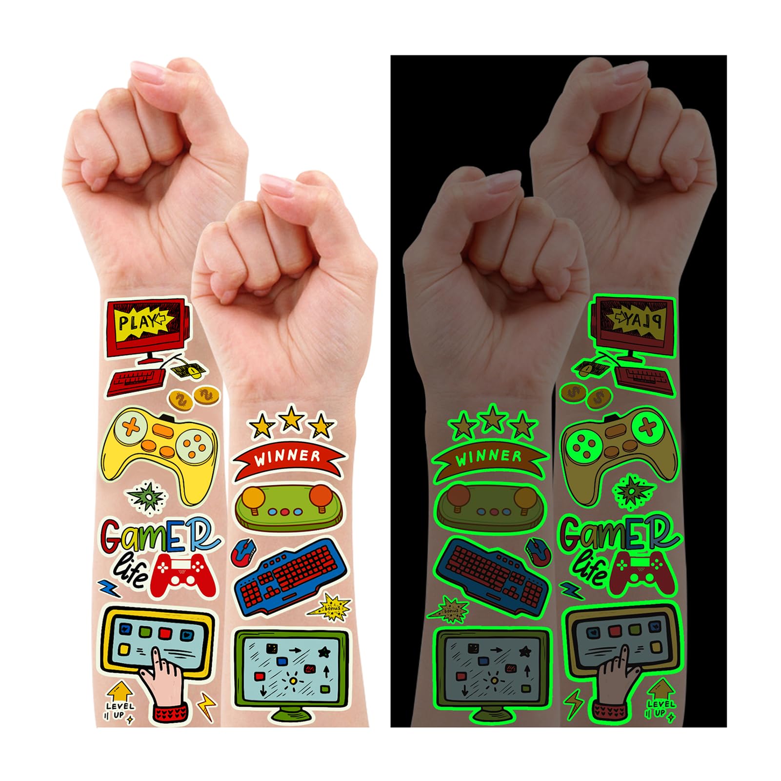 Partywind Luminous Video Game Party Supplies Temporary Tattoos for Kids, 158 Styles Glow Gamer Gaming Birthday Decorations for Boys Party Favors, Fake Tattoo Stickers for Gamer