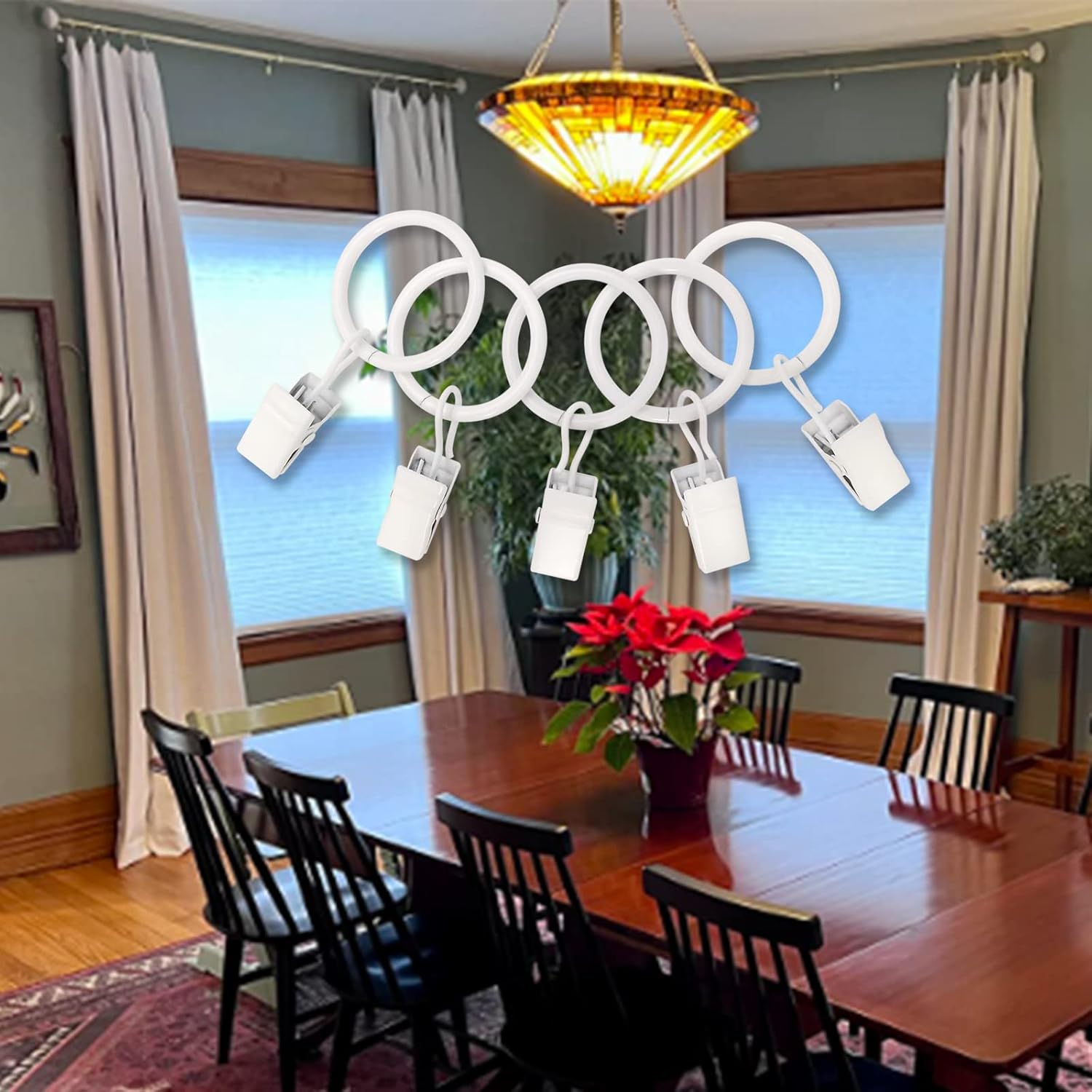 WeeksEight 100 Pack White Curtain Rings with Clips, Curtain Hooks Hangers Clip Rings for Hanging Drapes Bows Hat, Drapery Rings 1 in I D, Fits up to 5/8 in Diameter Curtain Rod.