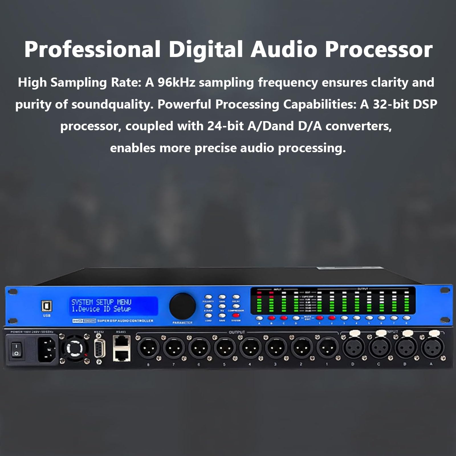 Procesador de audio, mezclador digital profesional, ecualizador de 31 bandas, crossover de 4 entradas/8 salidas con pantalla LCD e indicador de nivel para estudio de grabación