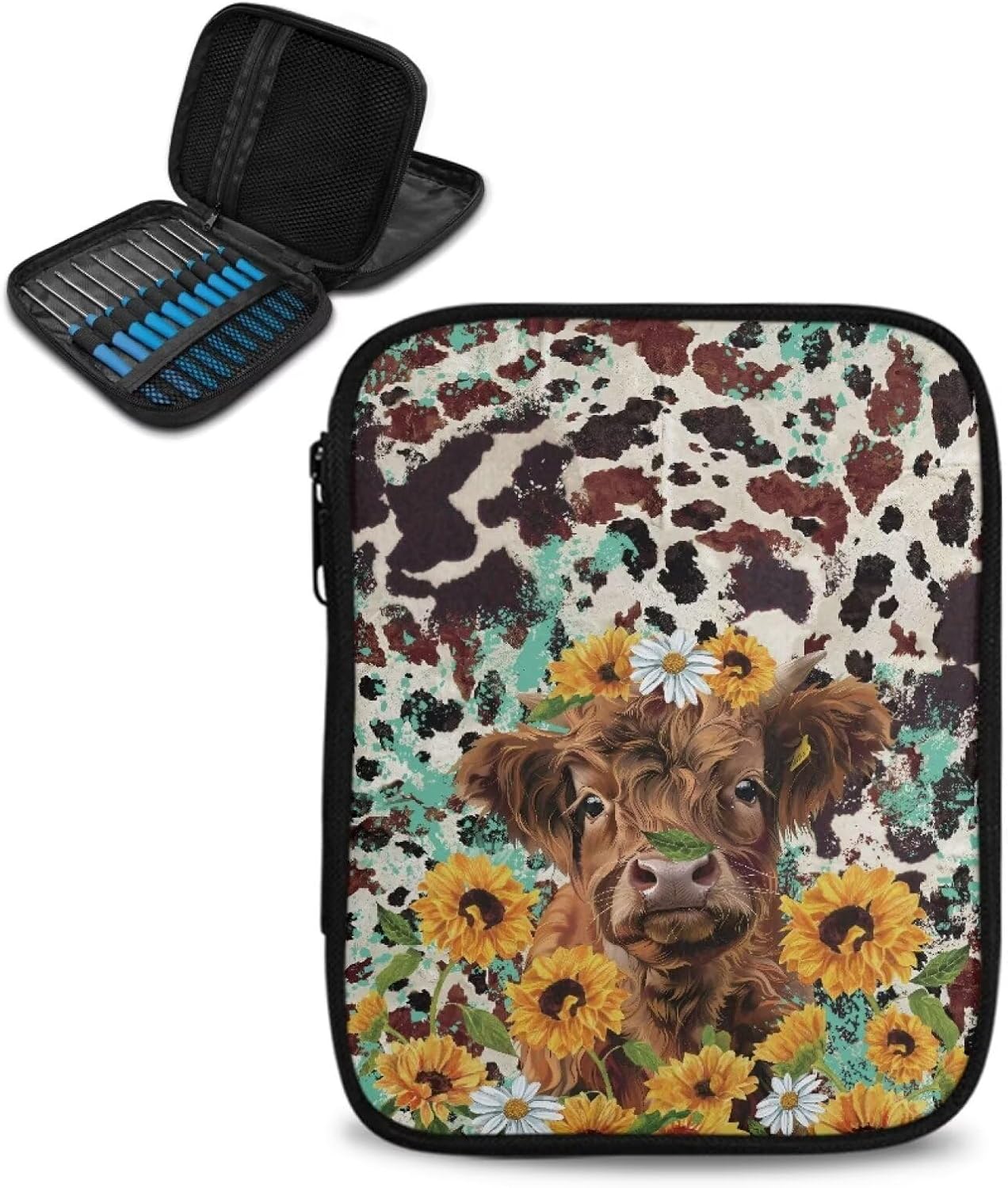 Kathyboom Crochet Hooks Case Highland Cow Sunflower Empty Zipper Bags Portable Travel Storage Bag Organizer with Web Pocket and Crochet Holder Slots