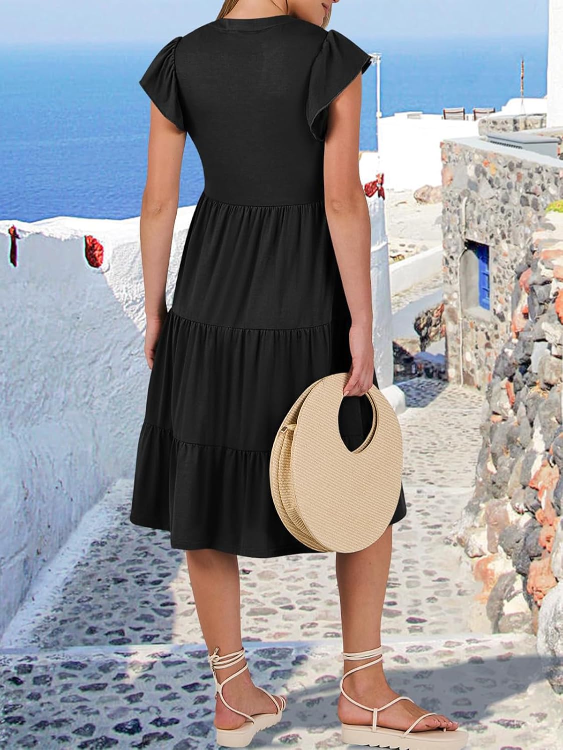 Womens Summer Ruffle Sleeve V Neck Midi Dress 2024 Fashion Casual Fit Flowy Tiered Boho Beach Vacation Sundress - Image 5