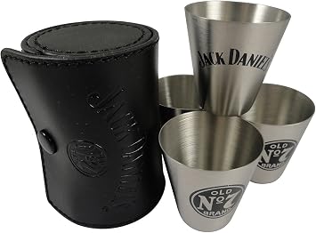 Jack Daniels Stainless Steel Shot Glass w/ Leather Storage Case Jack Daniels Travel Set of 4