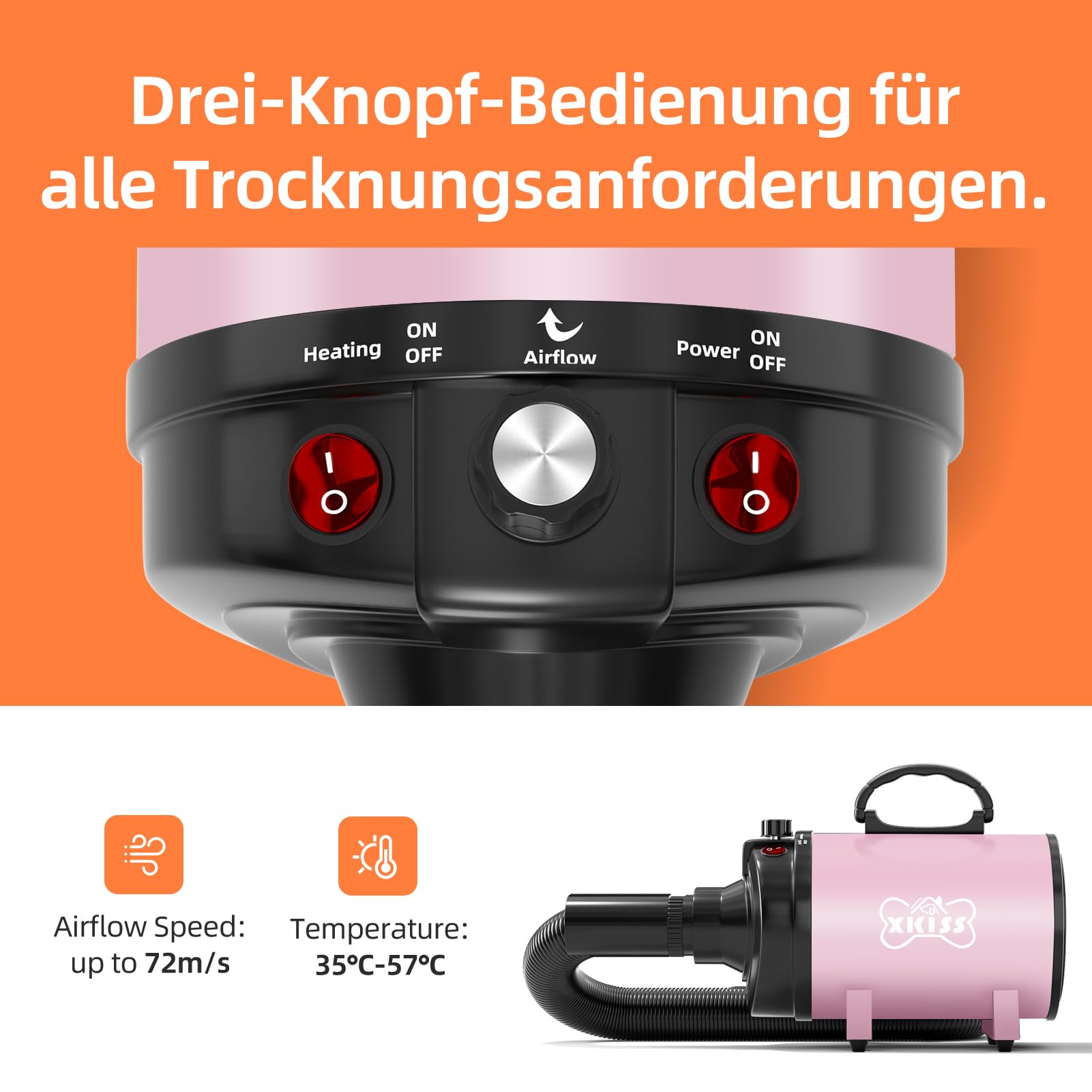 XKISS Soffiatore per Cani 4.5 PS / 3200 W Asciugatore per Cani Continua con velocità e Temperatura Regolabile Asciugacapelli per Animali Domestici，Grooming Cane Animali，con 4 Accessori.(Rosa)