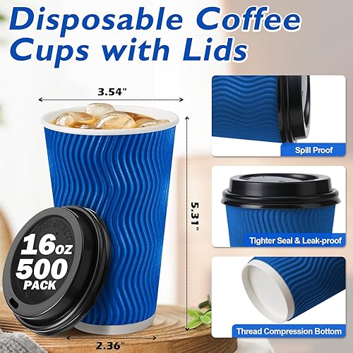 Vista 9 de Tazas de café de 16 onzas con tapas, paquete de 50 tazas de café desechables con tapas, taza de café de papel aislada para bebidas frías y calientes