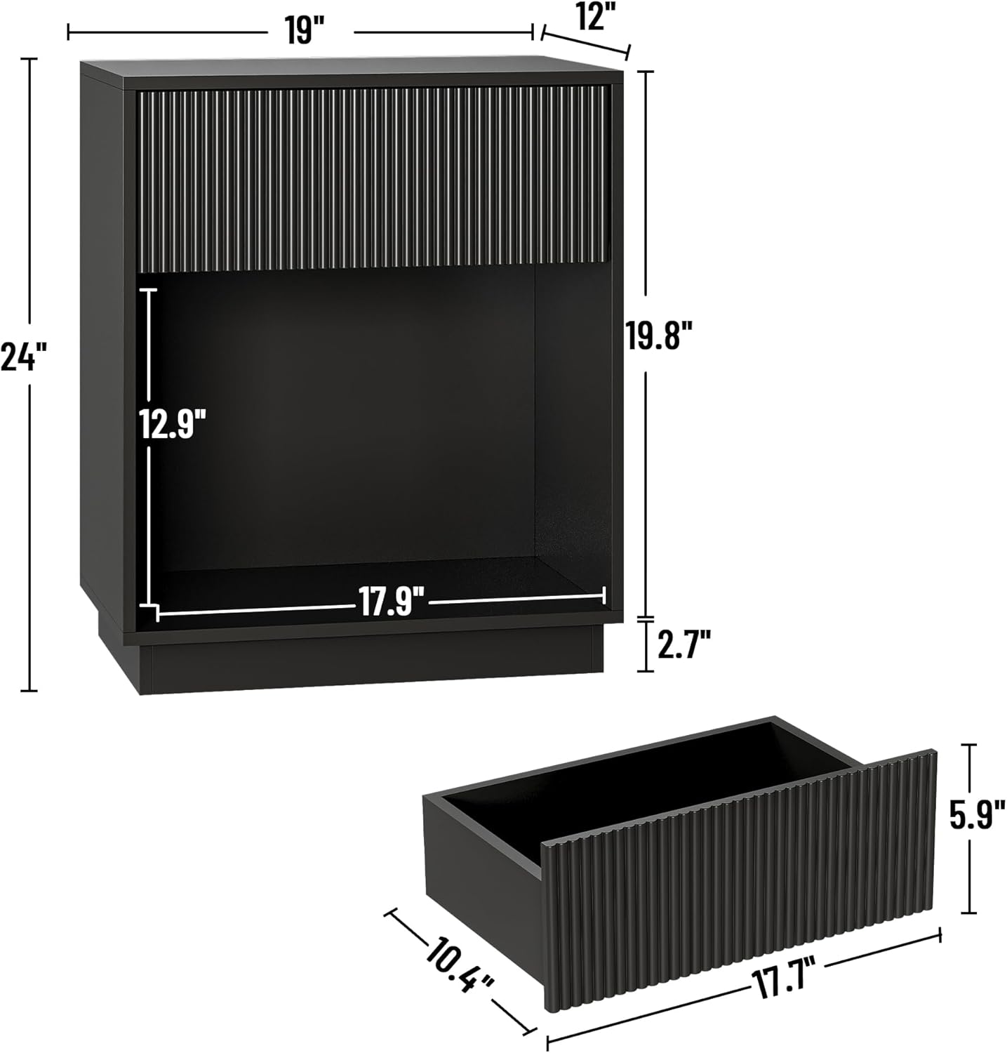 fluted nightstands set of 2, modern bedside table with drawer and storage shelf, wood end table mid century night stands for bedroom living room sofa couch office (black)