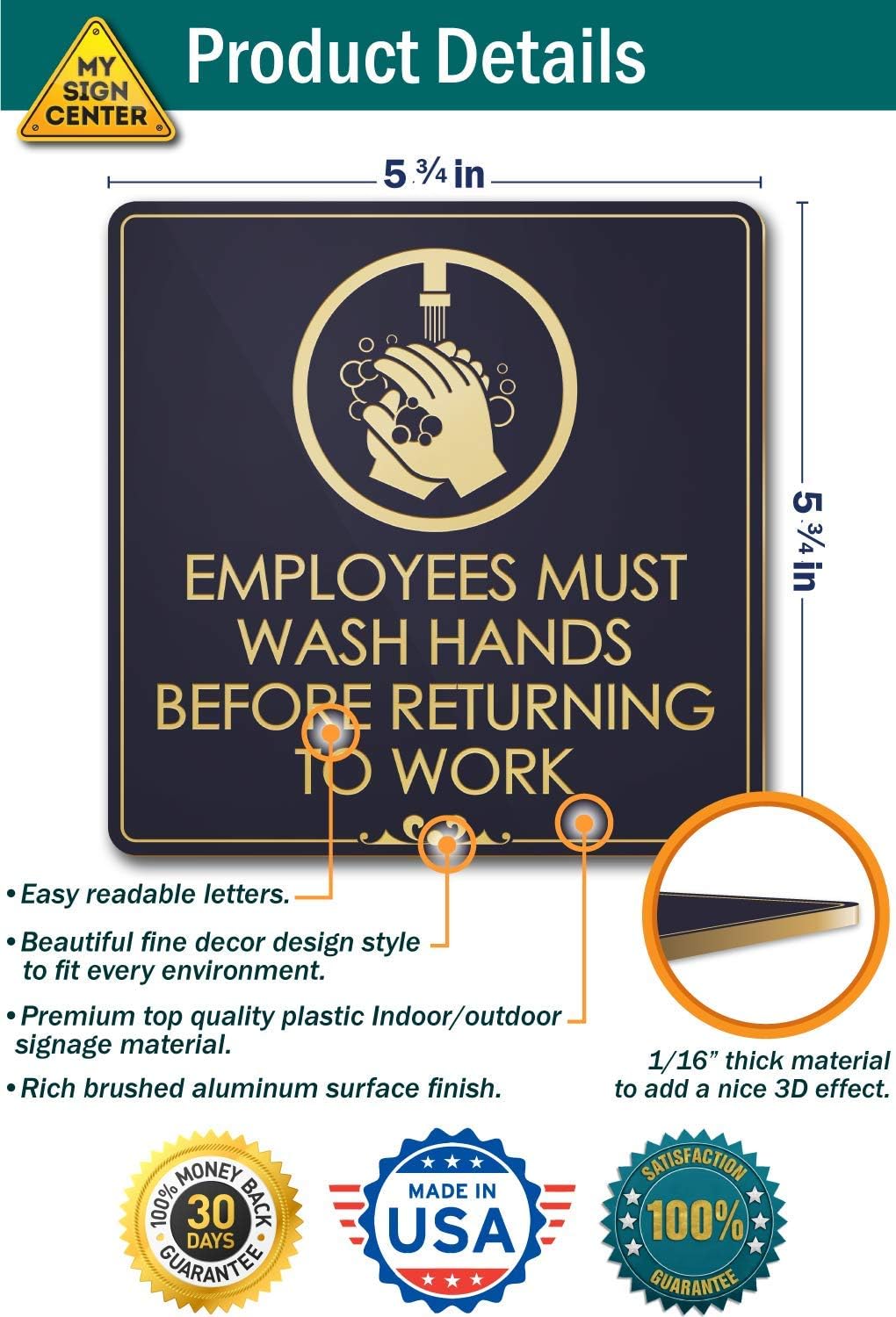 Employees Must Wash Hands Before Returning to Work Sign, Black/Gold, Engraved, 5 ¾" x 5 ¾”, Fade Resistance, Indoor/Outdoor Use, USA MADE By My Sign Center (Pack of 2)