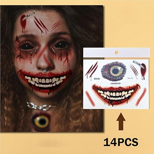 Miniatura 2 de Tatuajes falsos de cara grande de Halloween para adultos, broma de miedo, maquillaje de broma de miedo, kit de tatuaje temporal para mujeres,