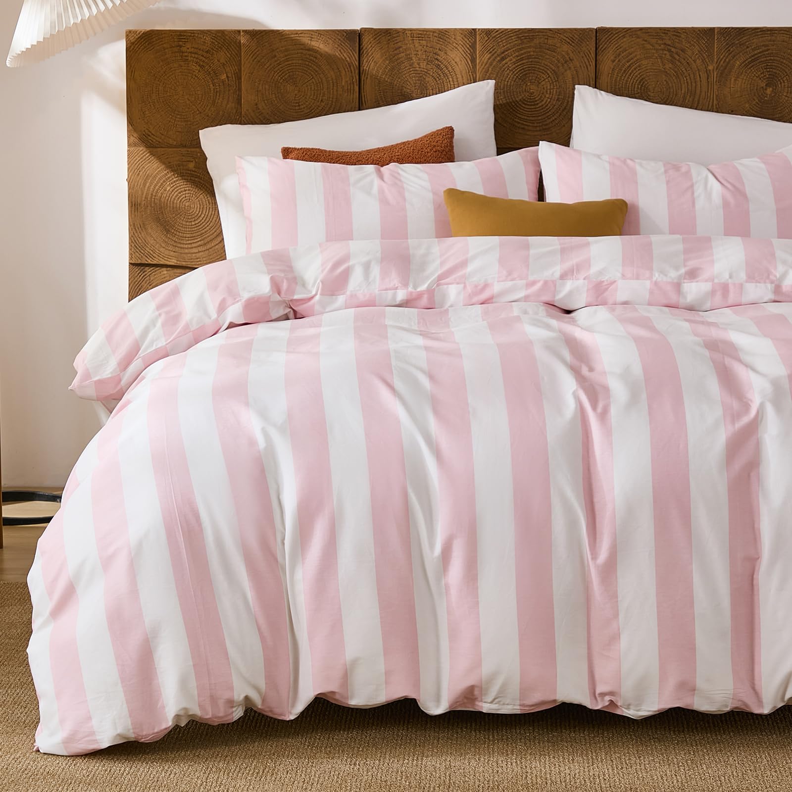 Photo 1 of Merryword Pink and White Striped Duvet Cover Set Queen Size, 100% Cotton Bedding Set with Zipper Closure & 8 Corner Ties, Luxury Linen Like Bedding, Soft Breathable Comforter Cover for All Seasons
