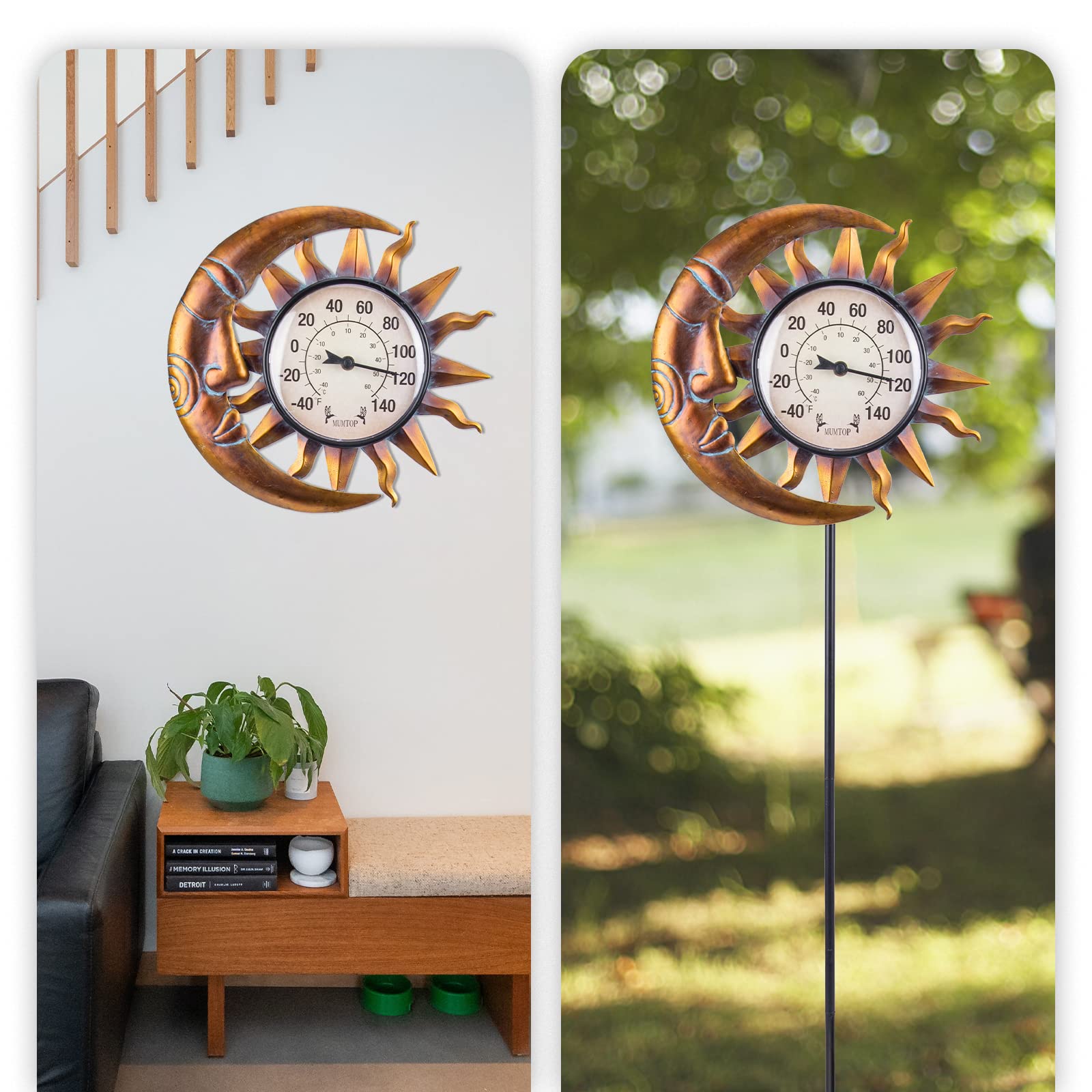 MUMTOP Termometri da esterno per patio - Termometro da parete, termometro per interni ed esterni con paletto da giardino per decorazioni per la casa e il giardino (sole e luna)