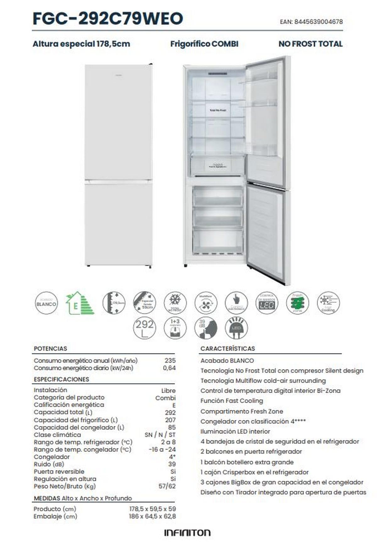 INFINITON Frigorifico Combi FGC-292C79WEO, 292 Litros, 179 cm de Altura, No Frost Total, Fast Cooling, E, Led Interior, Fresh Zone, Ancho 60 cm