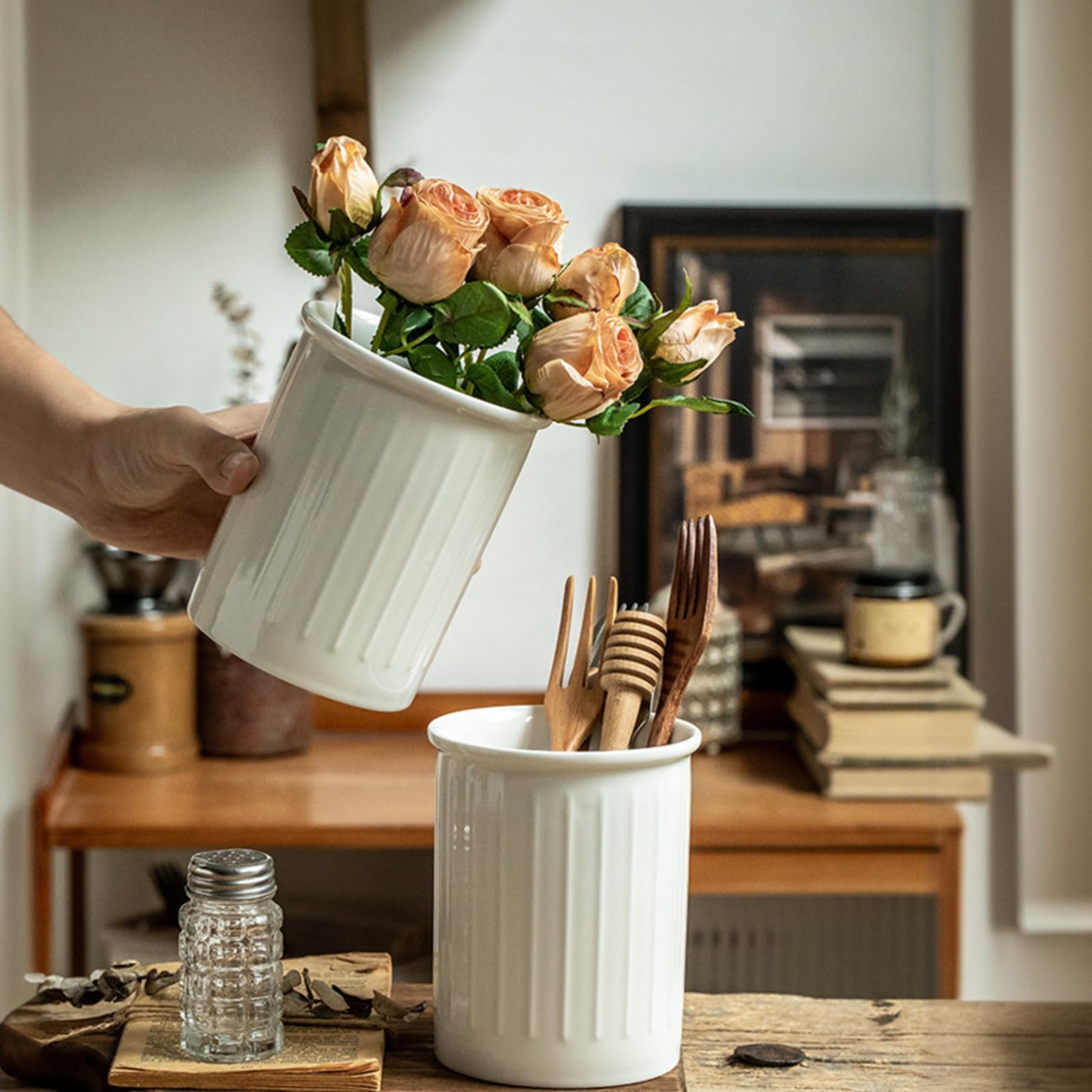 Comfify Portautensili in Ceramica Blu Francese - Organizer per Utensili in Stile Vintage e Design Antico - Rustico, per Gli Appassionati di Cucina