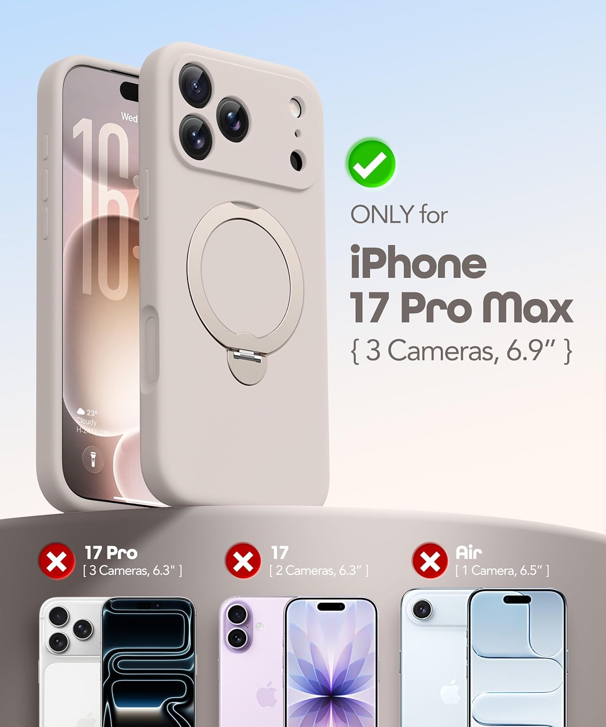 GolbinBox for iPhone 17 Pro Max Case with 360° Spin Magnetic Stand, [Compatible with MagSafe] [Full Camera Protection], Shockproof Liquid Silicone Case with Ring Kickstand for 17 Pro Max 6.9'', Stone - Image 2