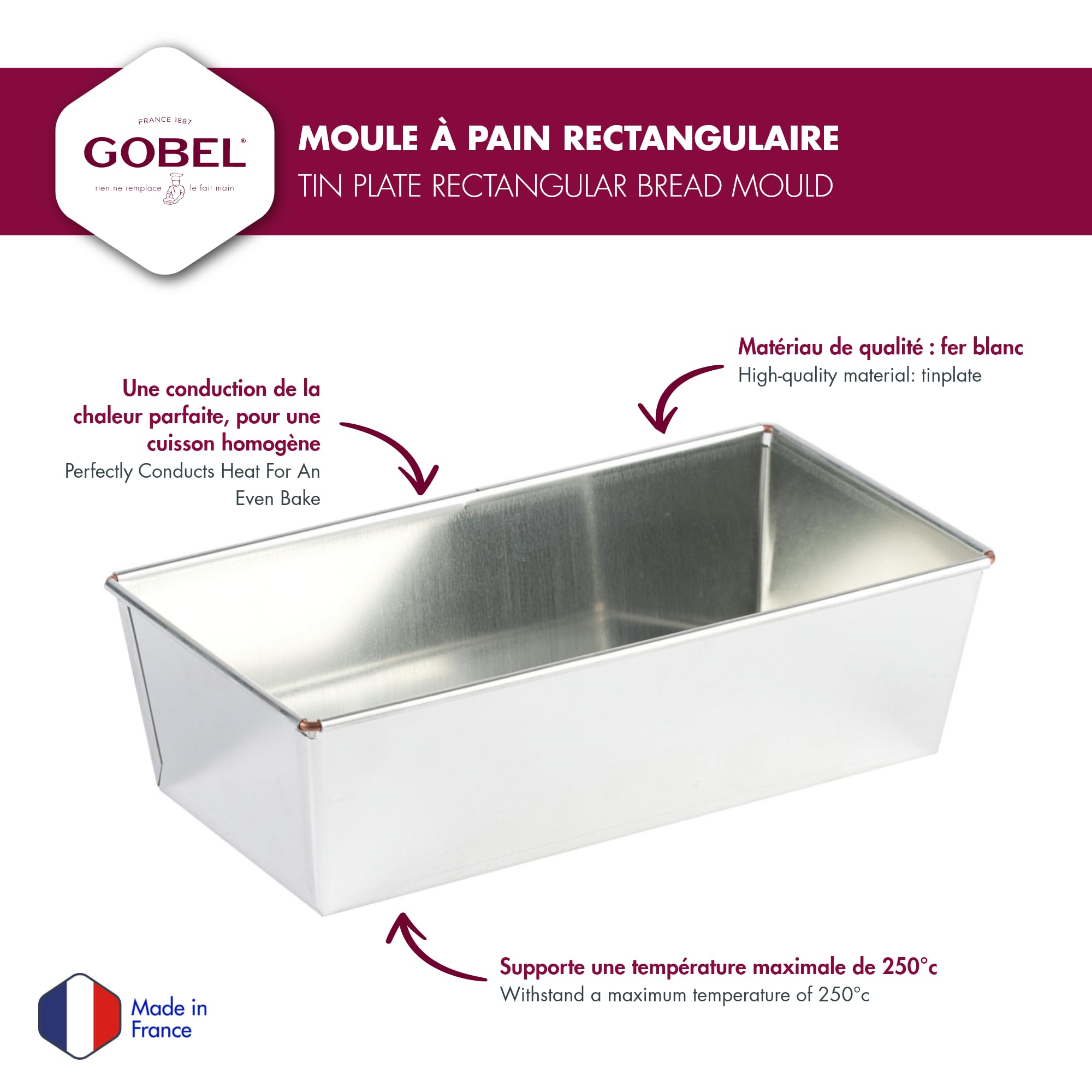Gobel - Moule à Pain Rectangulaire - 24 * 12 cm - Indéformable - Fer Blanc - Matériau Recyclable - Excellente conductivité Thermique - Fabriqué en France