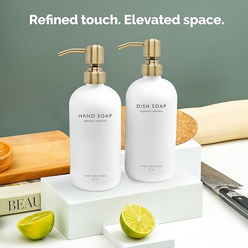 Miniatura 6 de Vine Creations Juego de dispensador de jabón de vidrio blanco, dispensador de jabón para platos y jabón de manos con bomba de acero inoxidable,