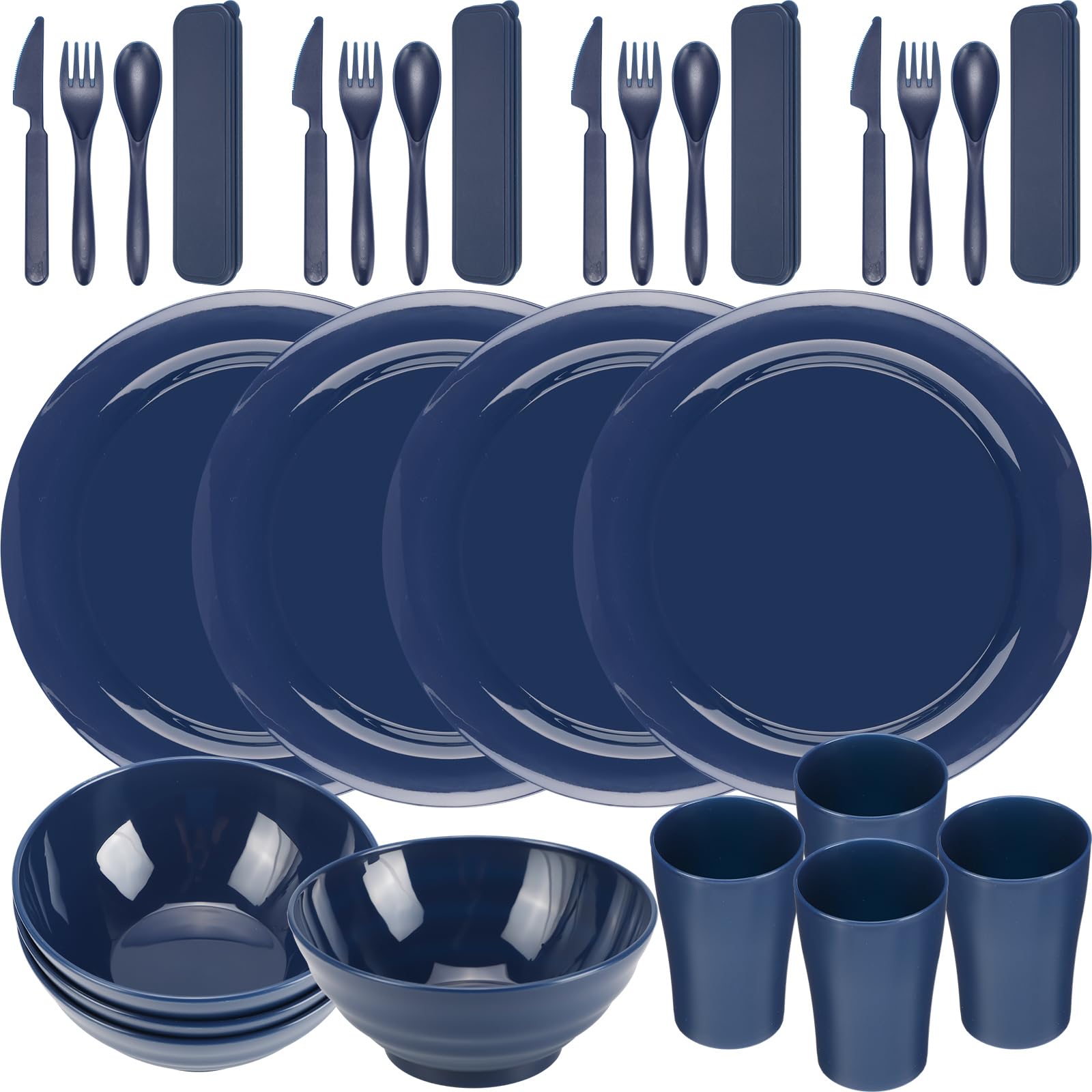 Tioncy Set di 4 posate da campeggio da 29 pezzi, set da tavola da campeggio, infrangibili, piatti, tazze, ciotole, coltelli, cucchiai, forchette, utensili con borsa nera, per viaggi, picnic,