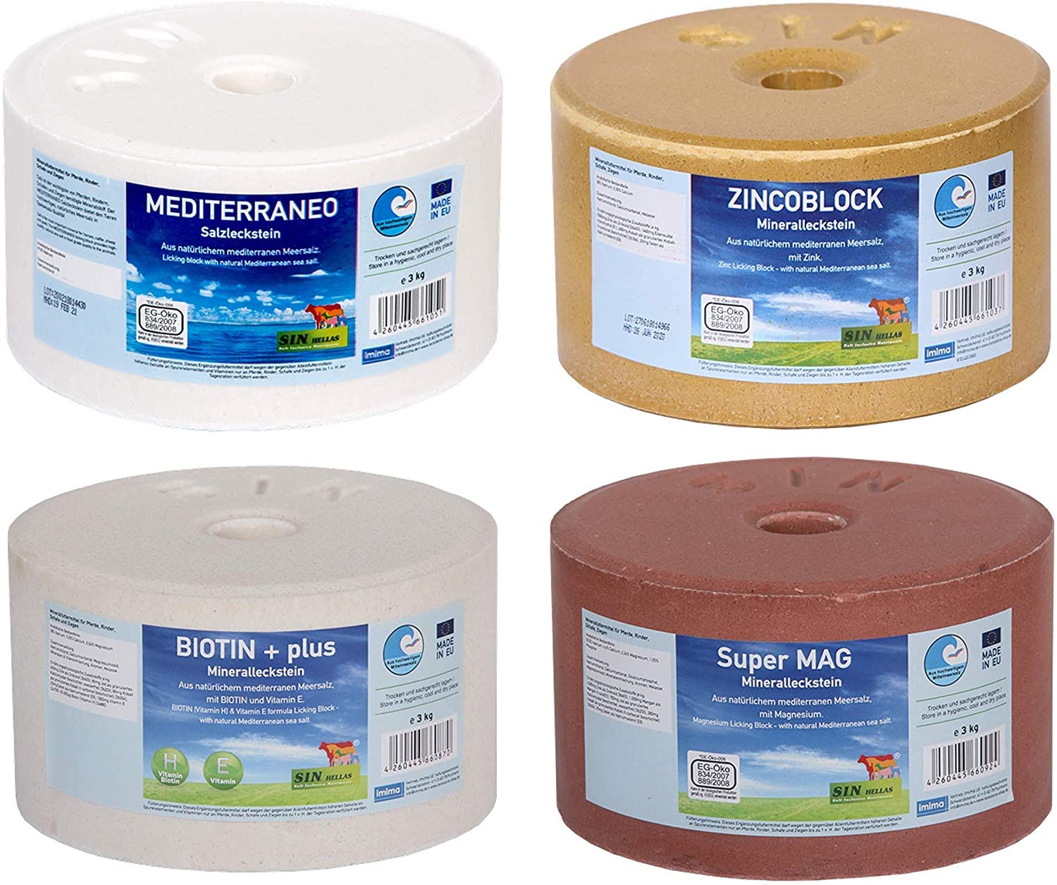 Mineralleckstein Pferd Starter Set mit BIOTIN+, ZINCOBLOCK, SUPERMAG, MEDITERRANEO Salzleckstein Set 4 x 3 kg - Salzlecksteine für Pferde, Schafe, Ziegen und Wild