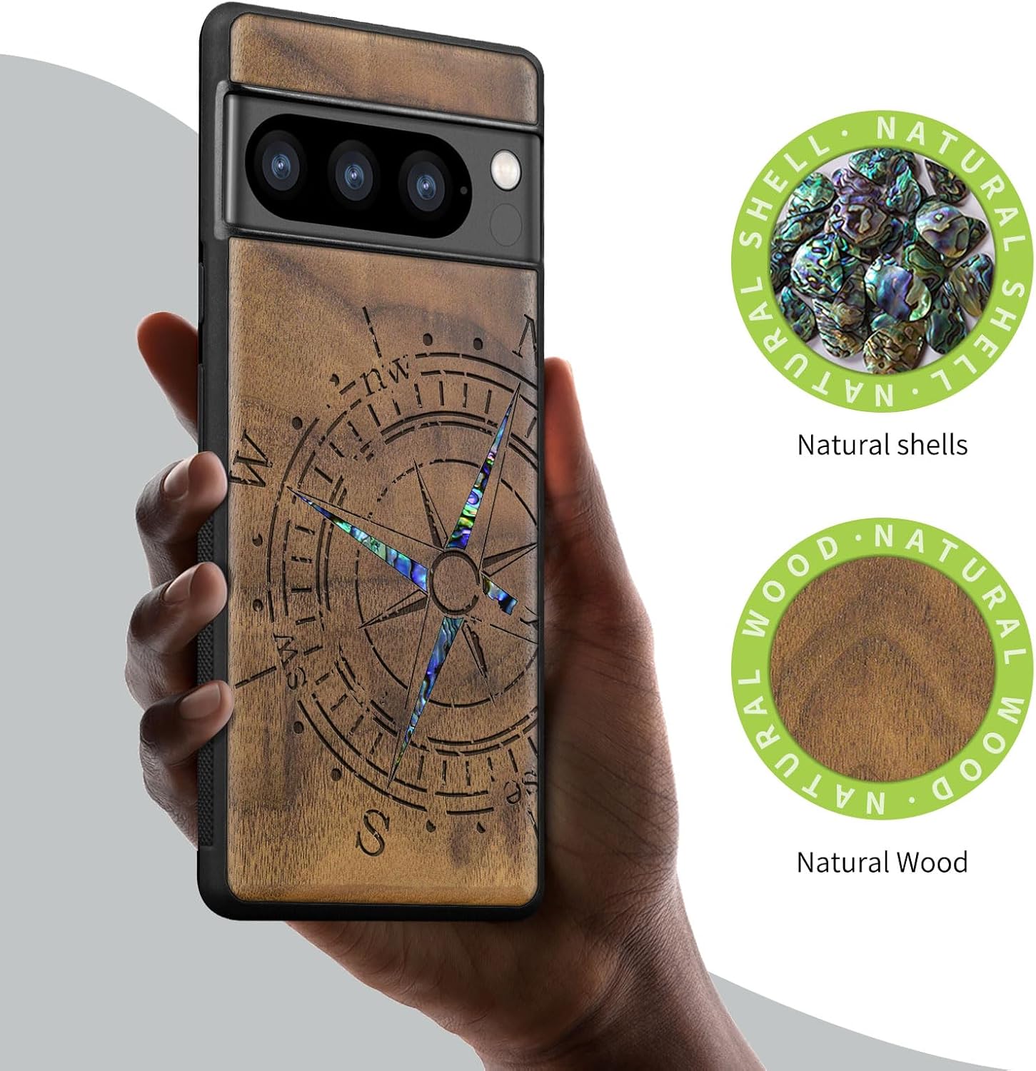 Carveit Designer Wooden Case for Google Pixel 8 Pro Case Cover [Wood Engraving & Shell Inlay] Compatible with Wireless Chargers Pixel 8 Pro (Incomplete Compass-Walnut)