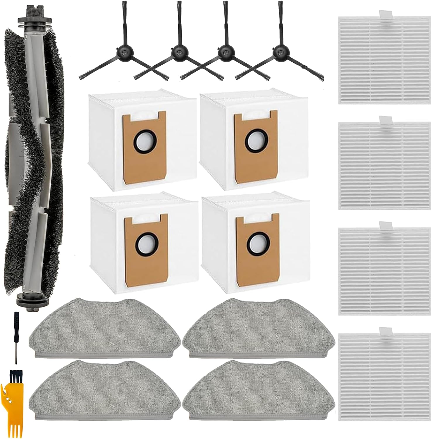 19 Accessories Replacement Parts for AIRROBO GT21 / T25+ / T30+ Robot Vacuum, 1 Roller Brush, 4 Hepa Filters, 4 Mop Pads, 4 Dust bags, 4 Side Brushes, 2 Cleaning Tools