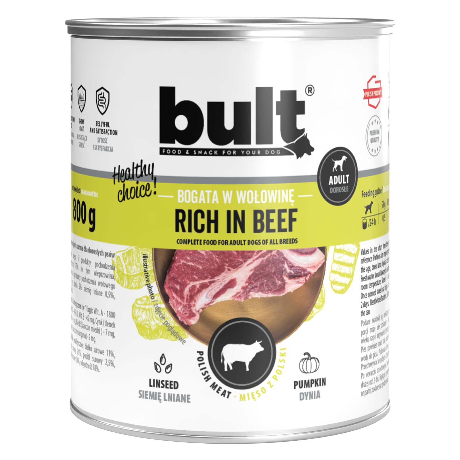 BULT Mokra Karma dla Psa Mix Smaków Dorsz Dziczyzna Indyk Jagnięcina Kaczka Wołowina 800g dla Dorosłych Psów Puszka bez Konserwantów z Siemieniem Lnianym 24 Sztuki