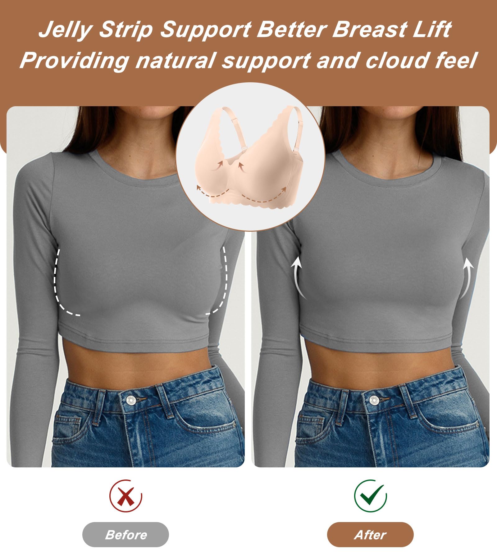 CheChury Biustonosze dla kobiet bezszwowy biustonosz usztywniany bez fiszbin biustonosz push up miękkie wsparcie komfort pełne pokrycie U Back Bralettes Sleep Everyday T Shirt Biustonosz z