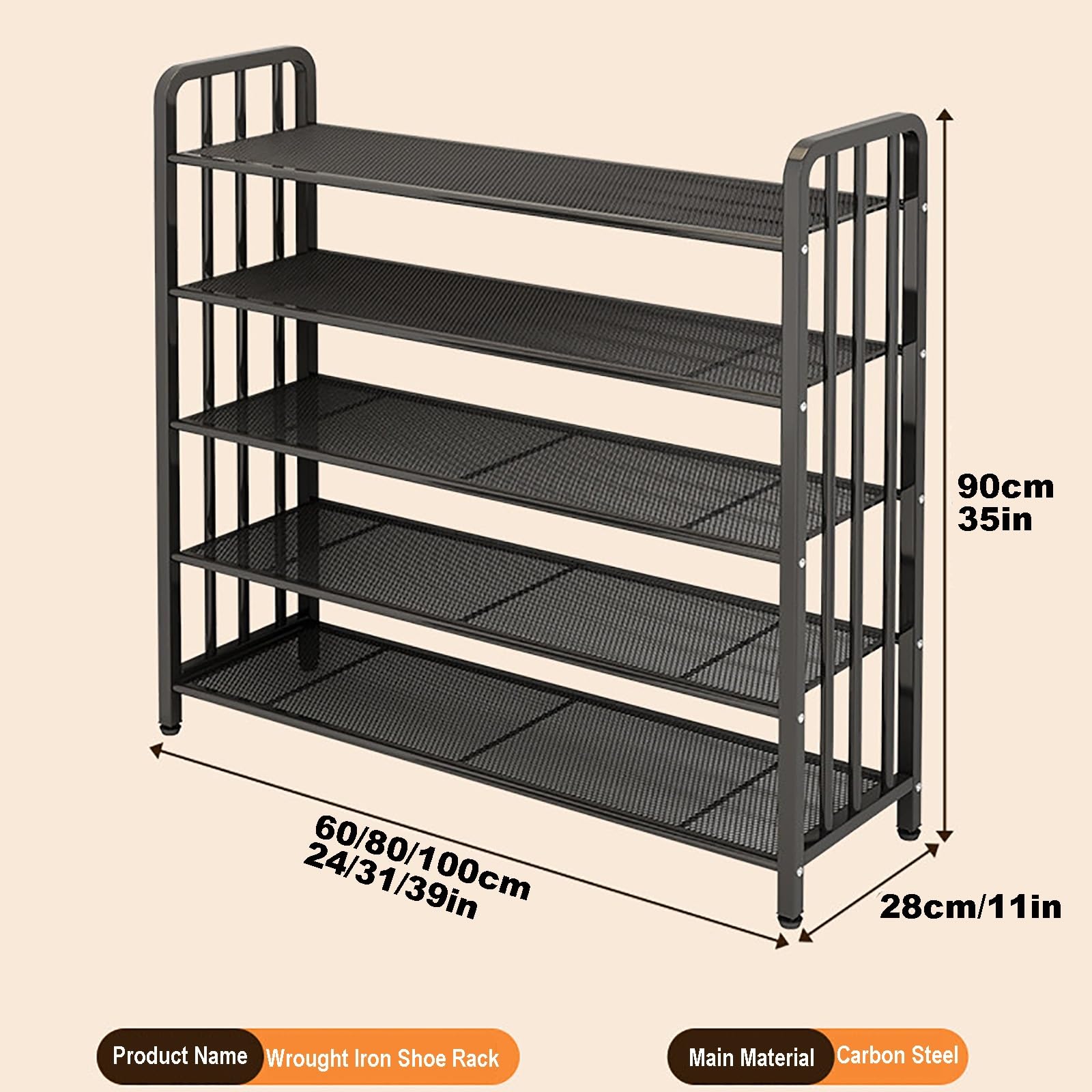 5-Stöckiges Schuhregal Metall, Schuhständer Schmal, Freistehendes Schuhregale für Eingangsbereich, Garderobe und Flur(Gold,100x28x90cm/39x11x35in)