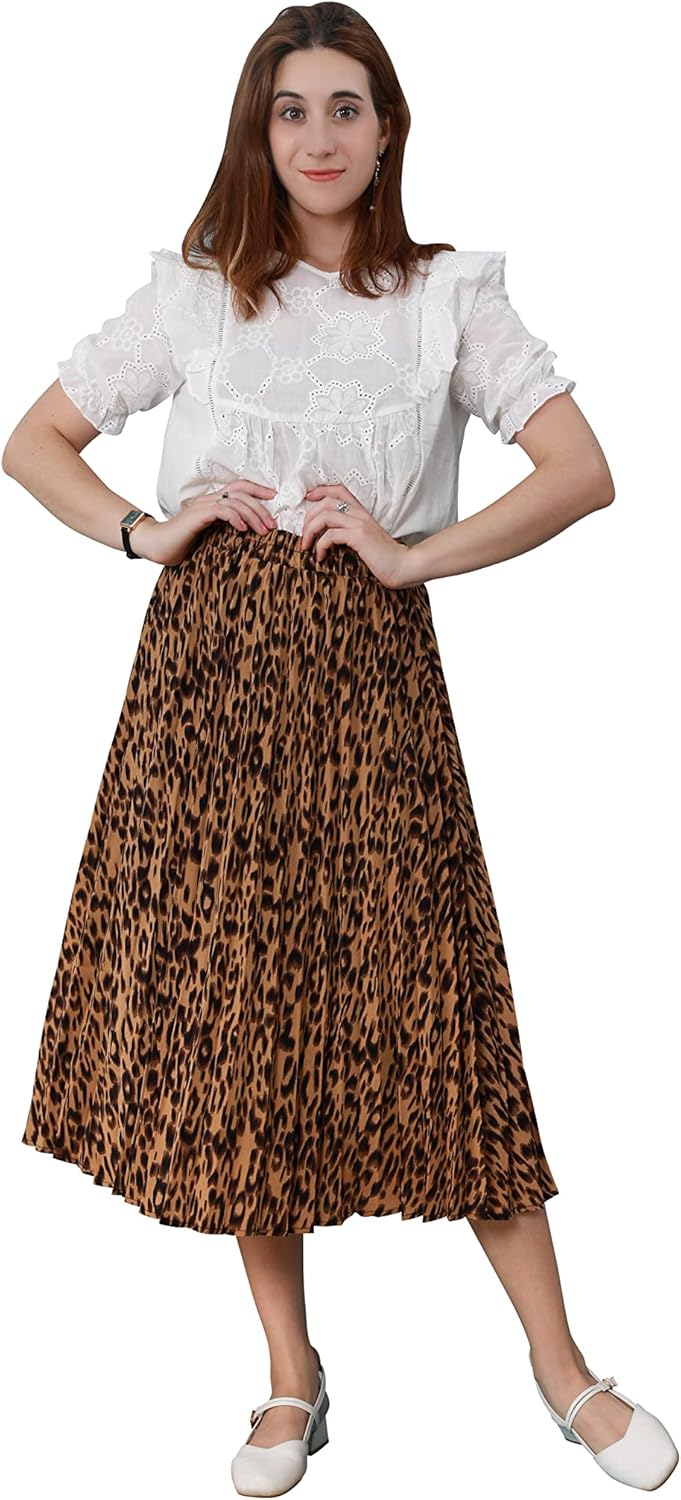 CHARTOU Womens Chic Elastic High Waisted A Line Leopard Print Pleated Shirring Midi-Long Skirt - Image 4