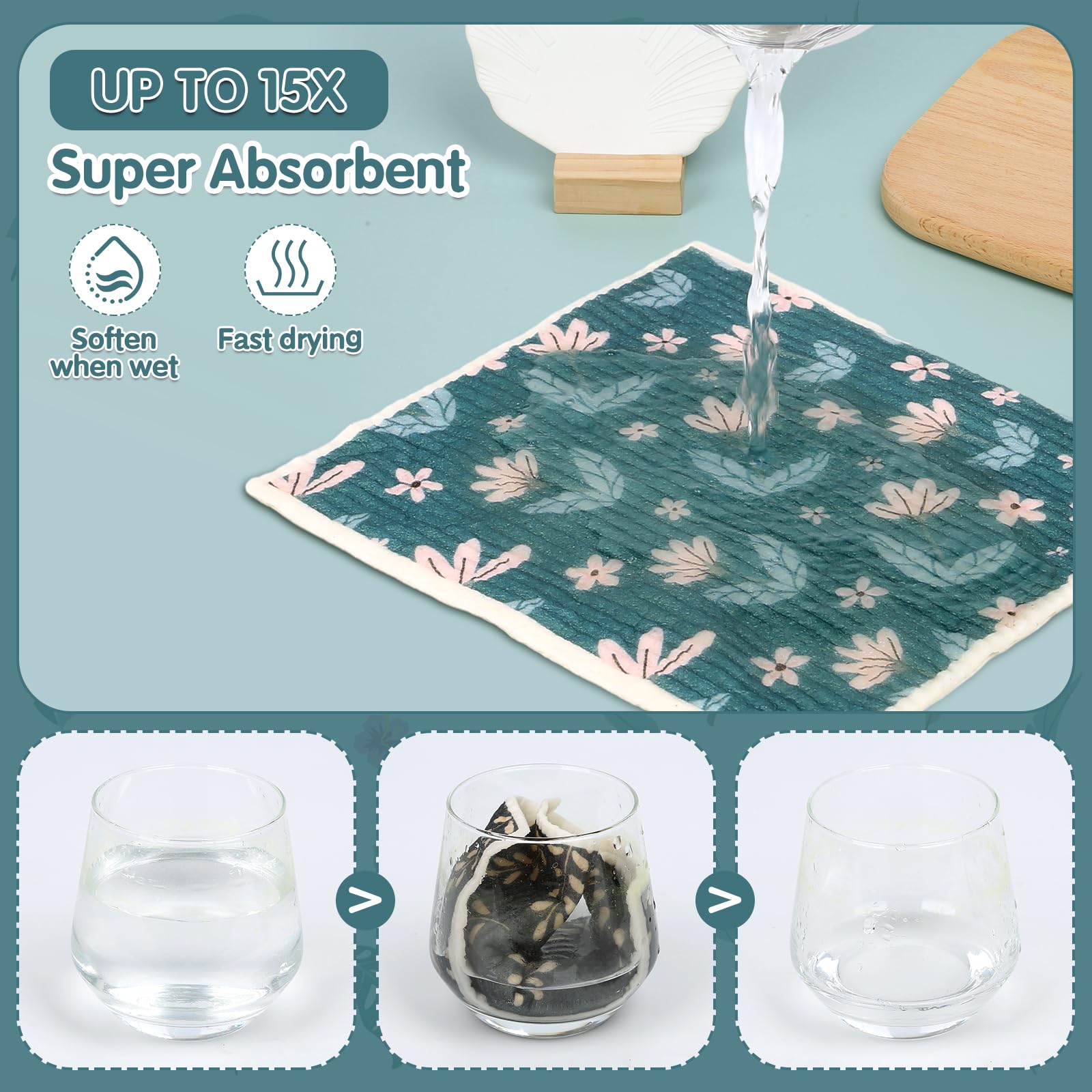 10 Chiffons Suédois Réutilisables – Microfibre Cellulose Avec Clips – Motif Fleurs (19x17 Cm) - 4