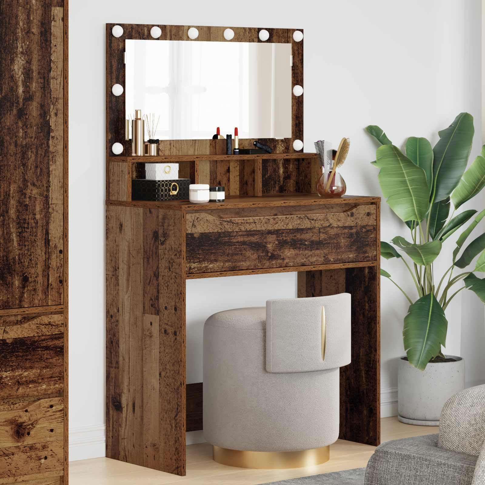 Tavolo da Trucco in Legno Vecchio con Specchio Piano, Cassetto Spazioso e Luce LED Bianca Fredda, Consolle per Camera da Letto, Mobiletto Organizzatore Salvaspazio per Make Up e Cosmetici