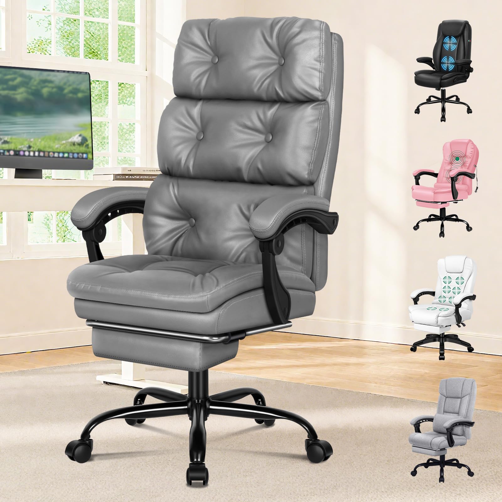 ELFORDSON Executive Office Chair with Dual Paddings, High Back Desk Chairs with Armrests Footrest, Ergonomic Computer Gaming Chair with Recliner Tilting for Home Office, PU Leather, Grey
