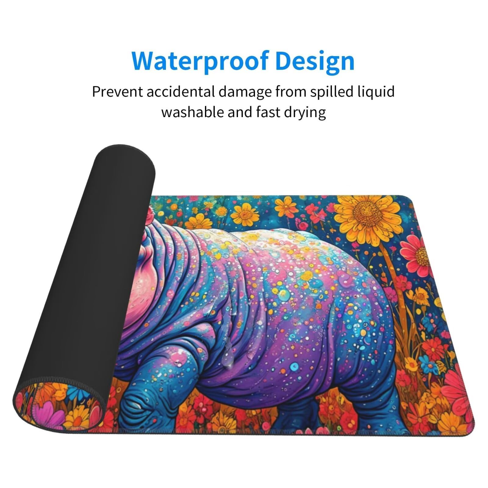 Tapis de Souris XXL 1200x600 mm, Fleur Tapis de Souris Hippopotame Tapis Souris XXL 120 X 60 CM, Antidérapant sous Main Bureau à Bords Cousus, Mouse Pad avec Surface en Caoutchouc antidérapant U-565