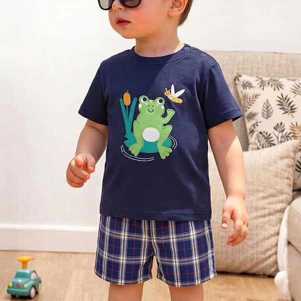 Ensemble court 2 pièces pour garçon avec haut imprimé grenouille et short à carreaux pour tout-petits - 1