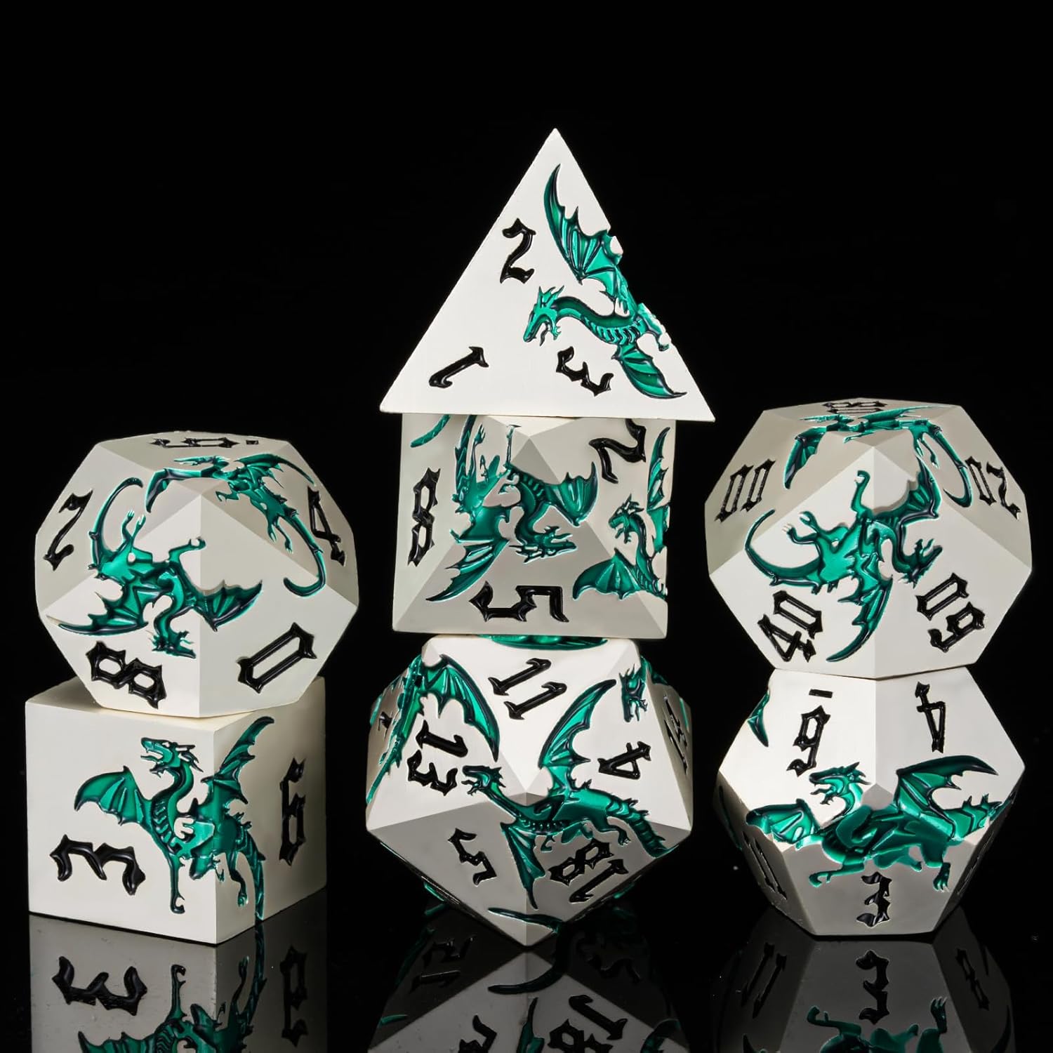 Sharp Edge Metallic DND Dragon Dice Set,Metal Polyhedral Dice with Dragon for Dungeons and Dragons RPG TTRPG D&D 7-Die Set with Gift Case Pearl Silver Transparent Green