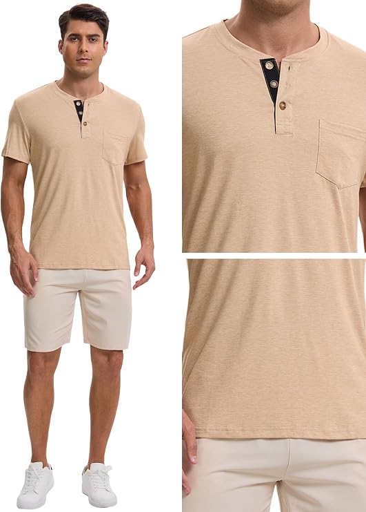 Men's Henley T-Shirts Casual Summer Short Sleeves Button Basic Tee