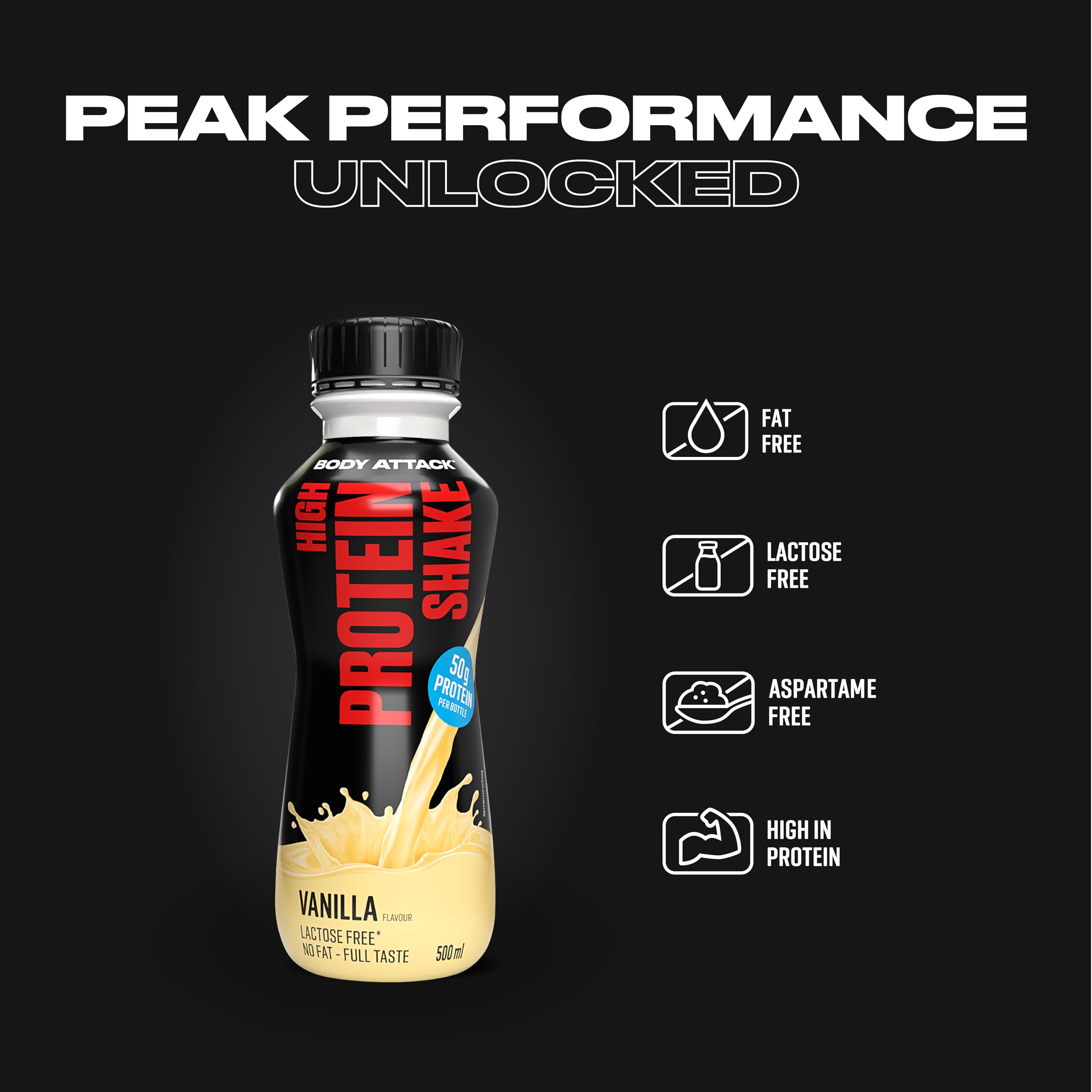 Body Attack High Protein Shake - Chocolate, 12 x 500 ml, je 50 g Protein - kalorienarmer Protein Shake für Muskelaufbau - Fertigdrink mit Milcheiweiß für to go, inkl. Pfand - Made in Germany
