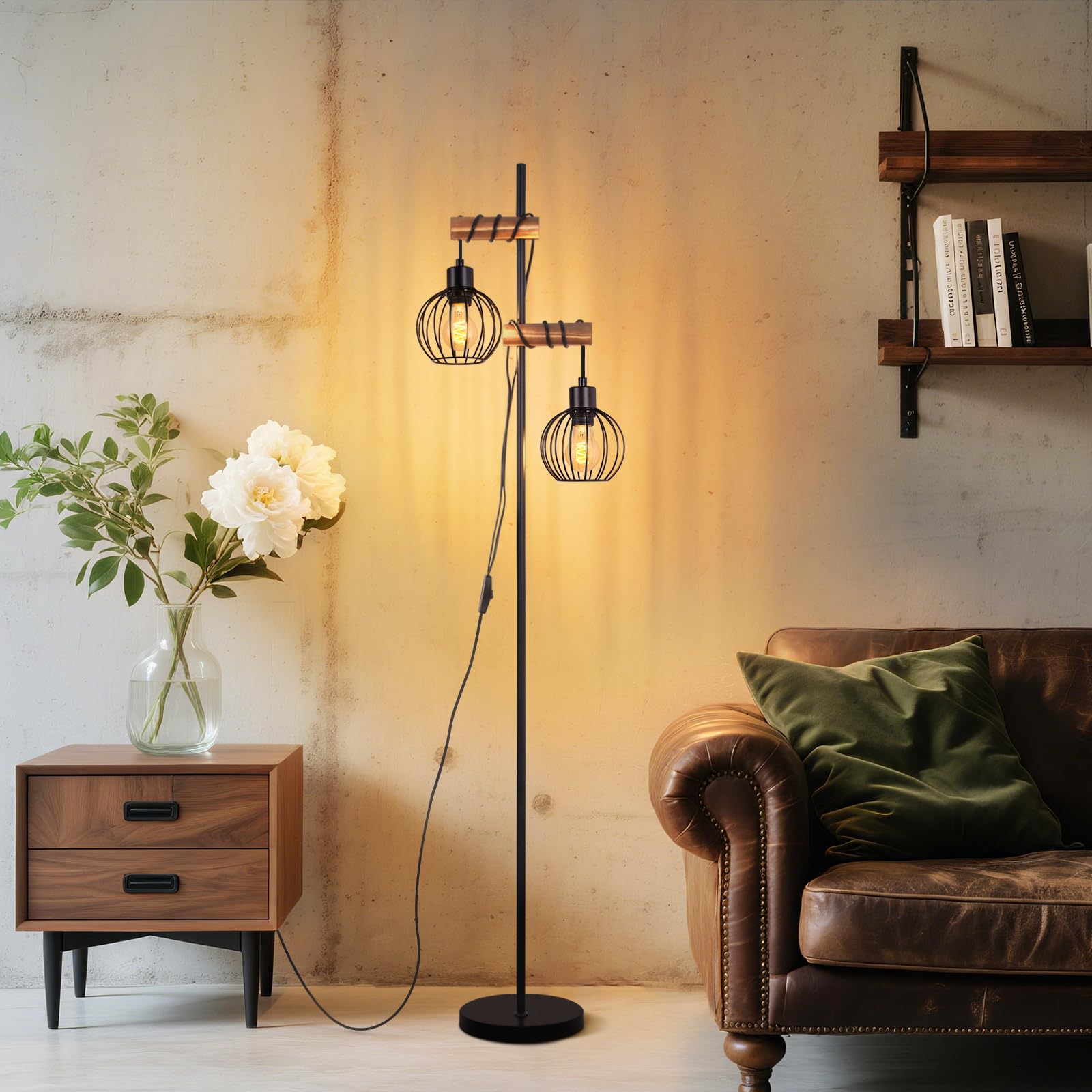 ZMH Lampada da terra nera, lampada da terra per soggiorno in legno - lampada da terra vintage a 2 fiamme in design industriale in metallo con interruttore, attacco E27 152 cm (senza lampadina)